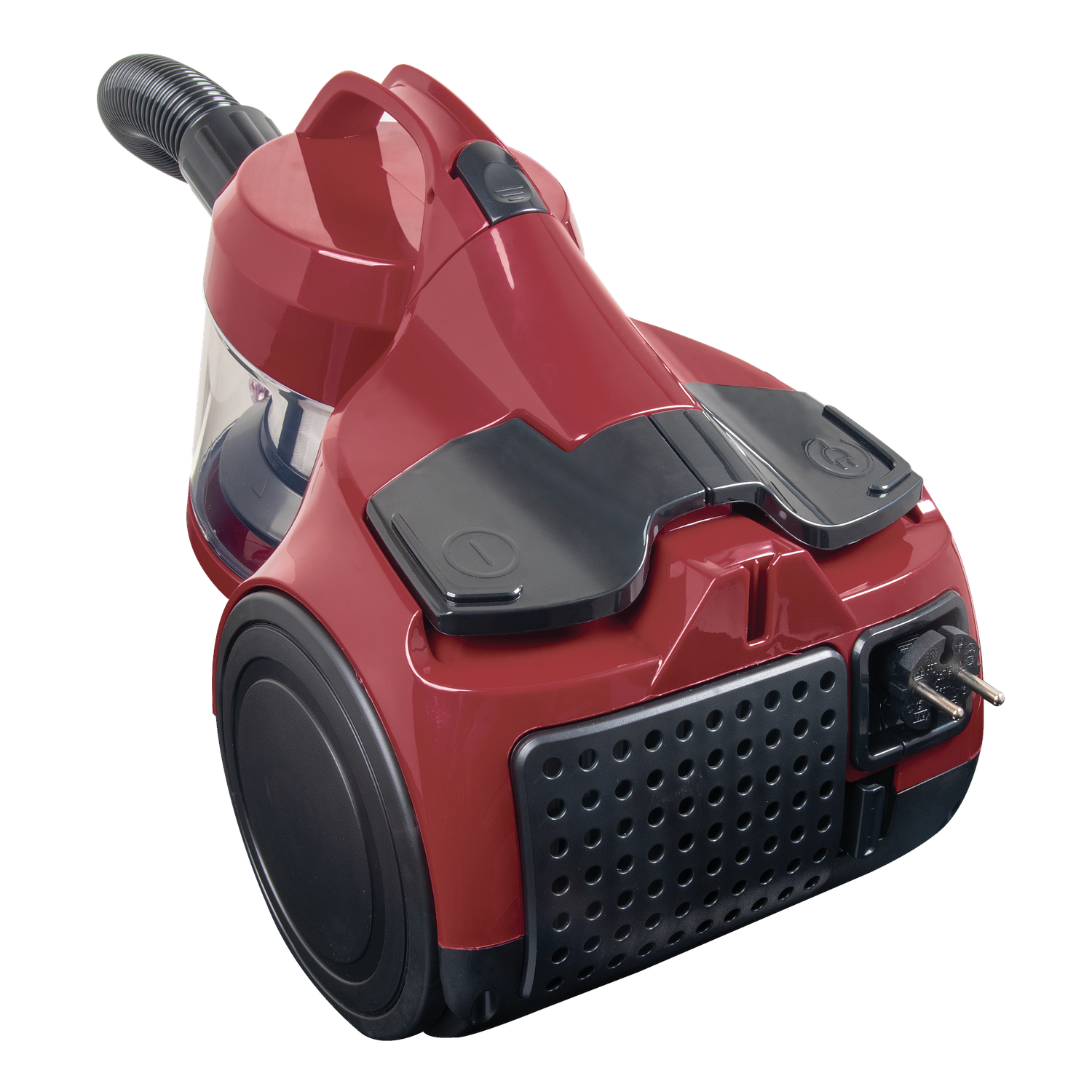 A red vacuum cleaner with black accents, handle, and hose. It has wheels and a power plug. The background is white.