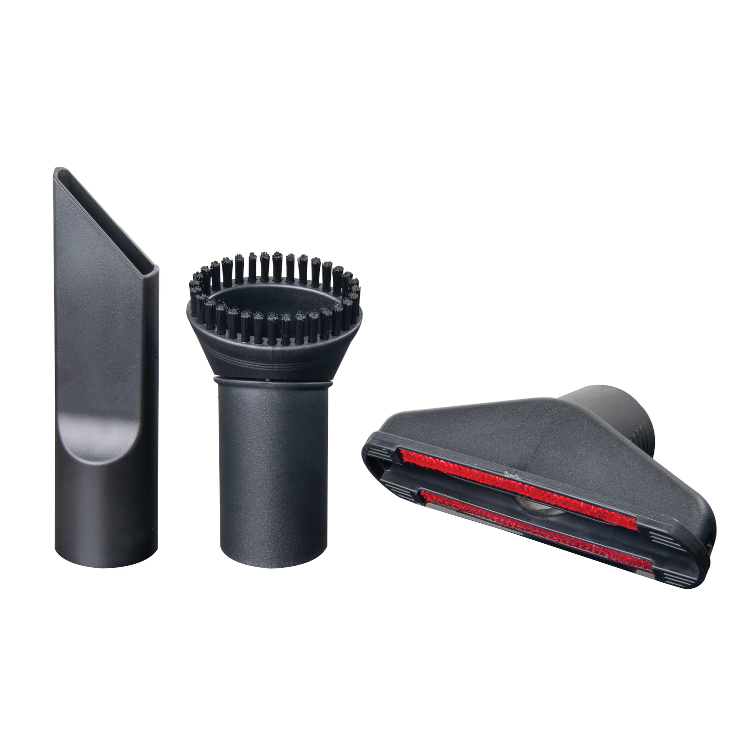 Three black vacuum cleaner attachments on white background. Includes a crevice tool, brush attachment, and floor tool with red bristles.