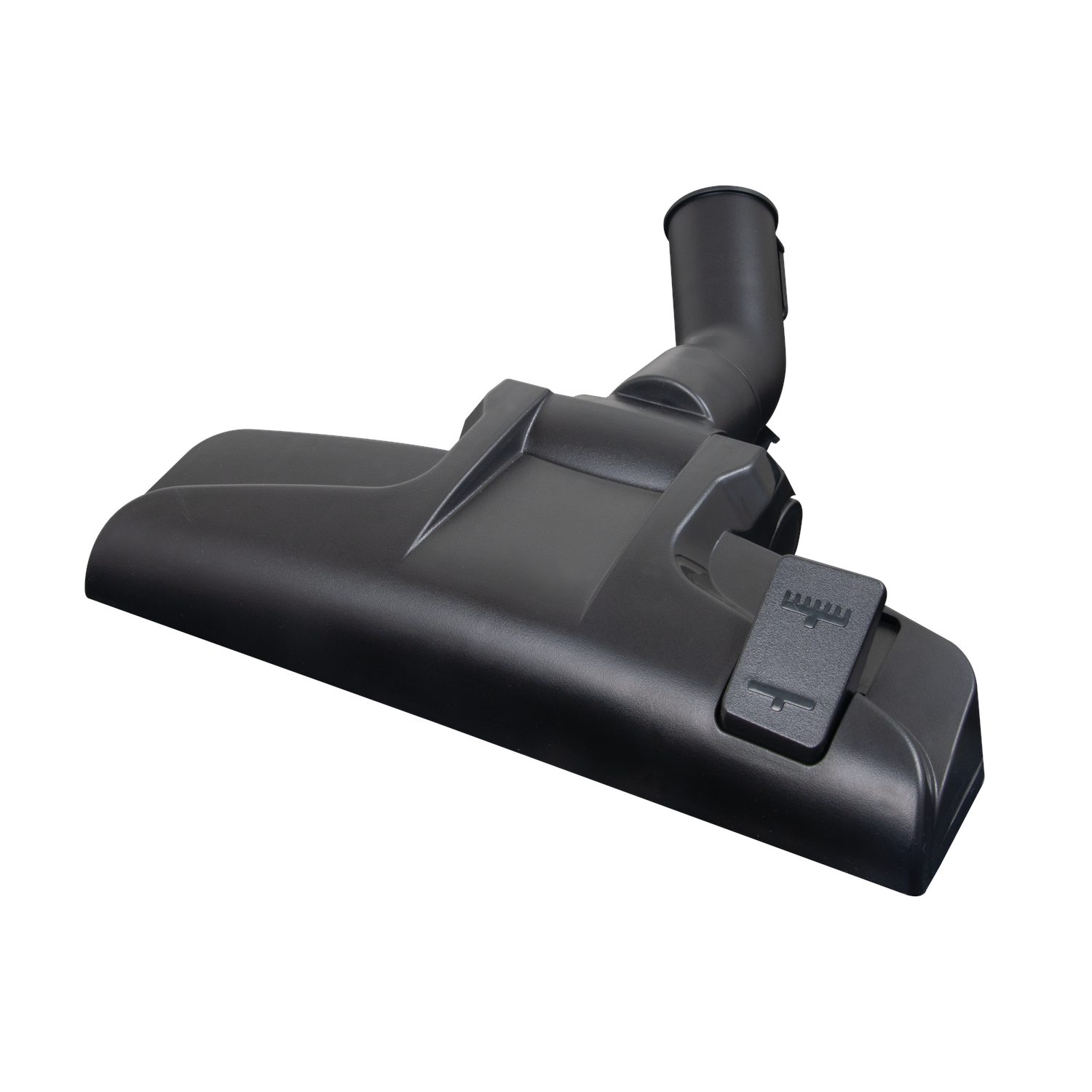 A black vacuum cleaner head is isolated on a white background. It has a rectangular shape with a curved tube and a control button.