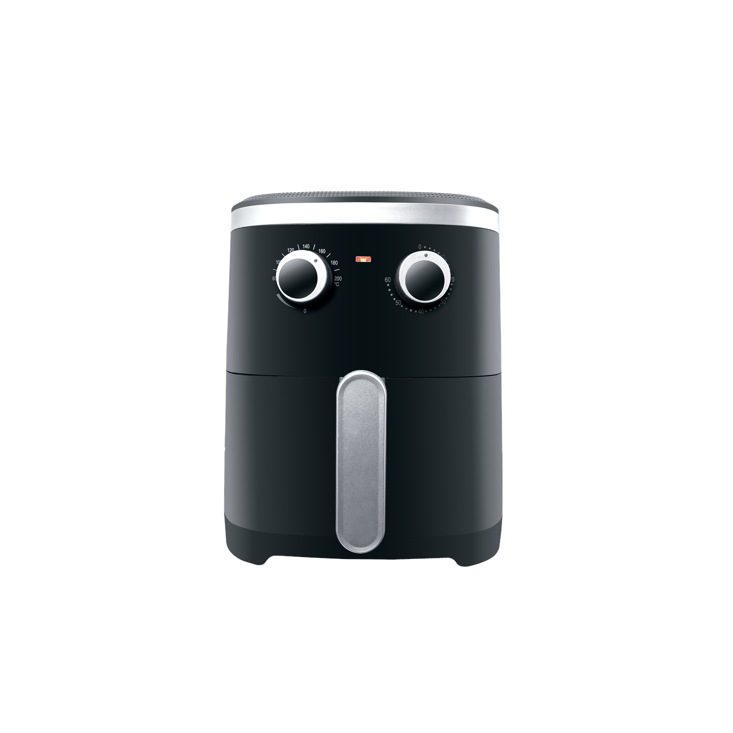 Een zwarte airfryer met zilveren accenten. Het heeft twee draaiknoppen en een zilveren handvat. De achtergrond is wit.