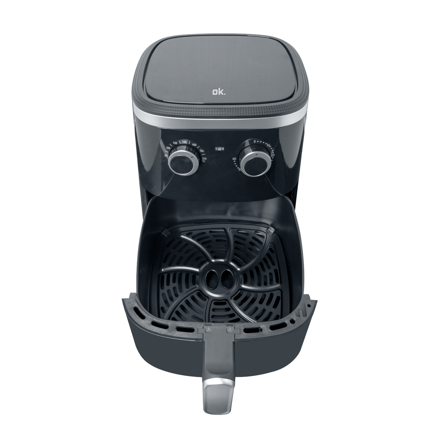Een zwarte airfryer, open, met de mand zichtbaar. Het heeft draaiknoppen voor temperatuur en tijd. De merknaam, ok., is zichtbaar.