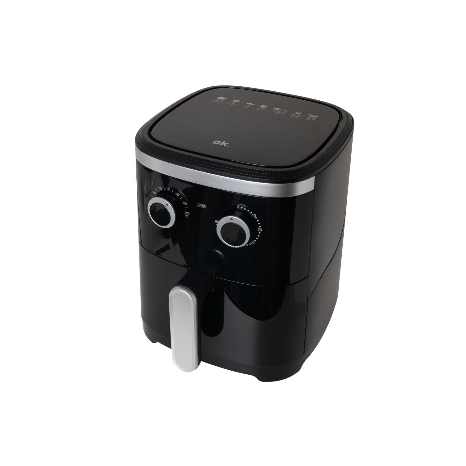Een zwarte airfryer met zilveren accenten. Hij heeft twee bedieningsknoppen en een zilveren handgreep. De bovenkant heeft een digitaal display.