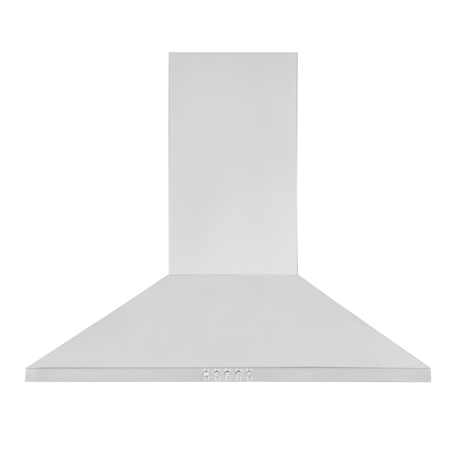 Hotte aspirante en acier inoxydable isolée sur fond blanc. Forme rectangulaire, côtés inclinés, trois boutons.