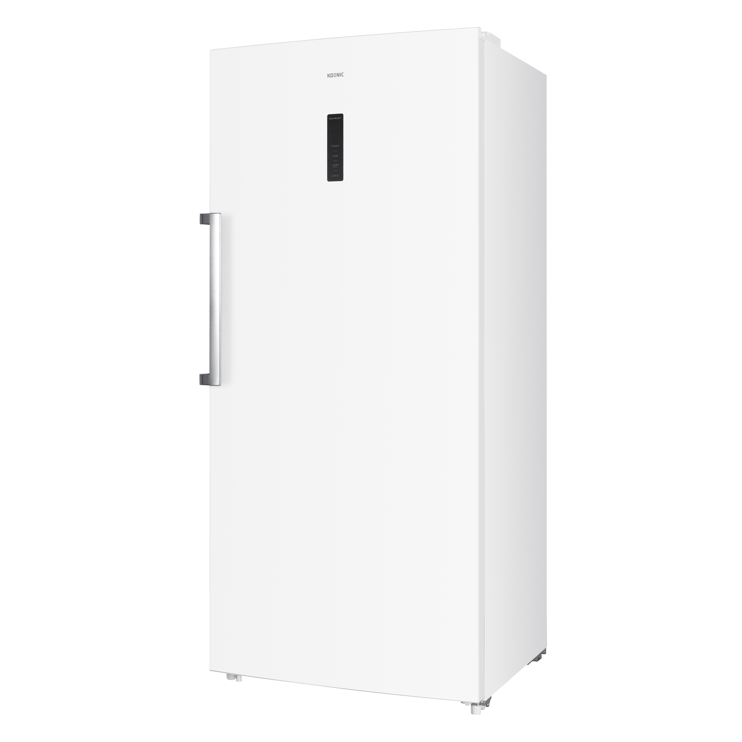 A tall, white freezer standing upright.