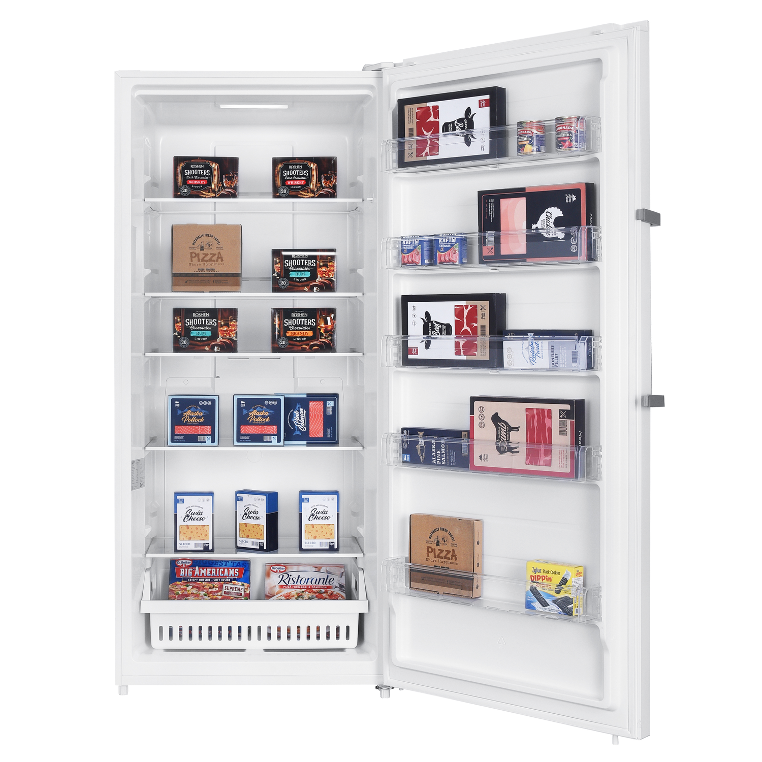 White upright freezer filled with frozen food items, shelves are visible.