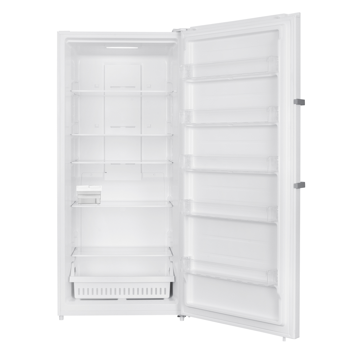 A white refrigerator with the door open, showing shelves and drawers.