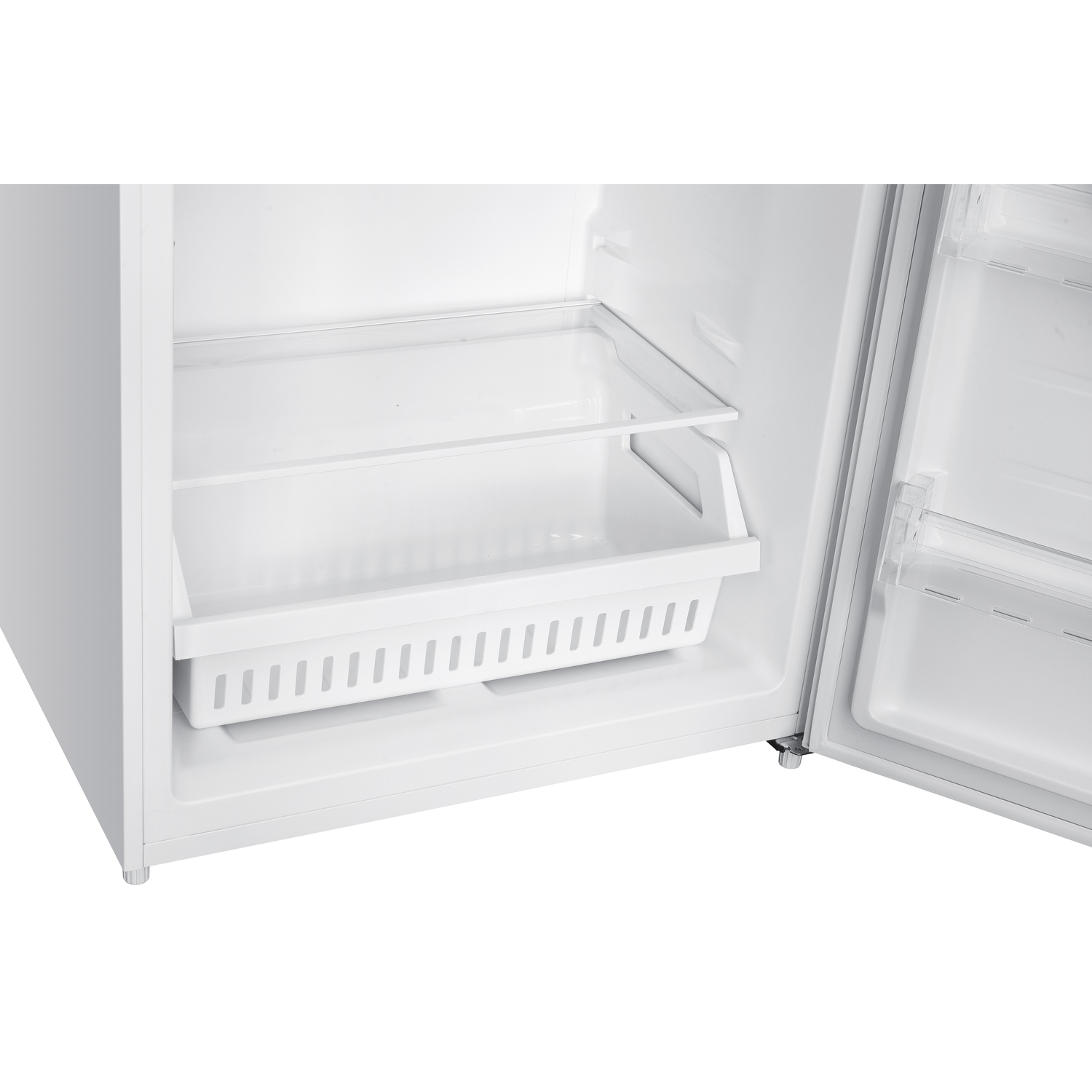 Inside of a white refrigerator with a white drawer and a shelf, door is open.