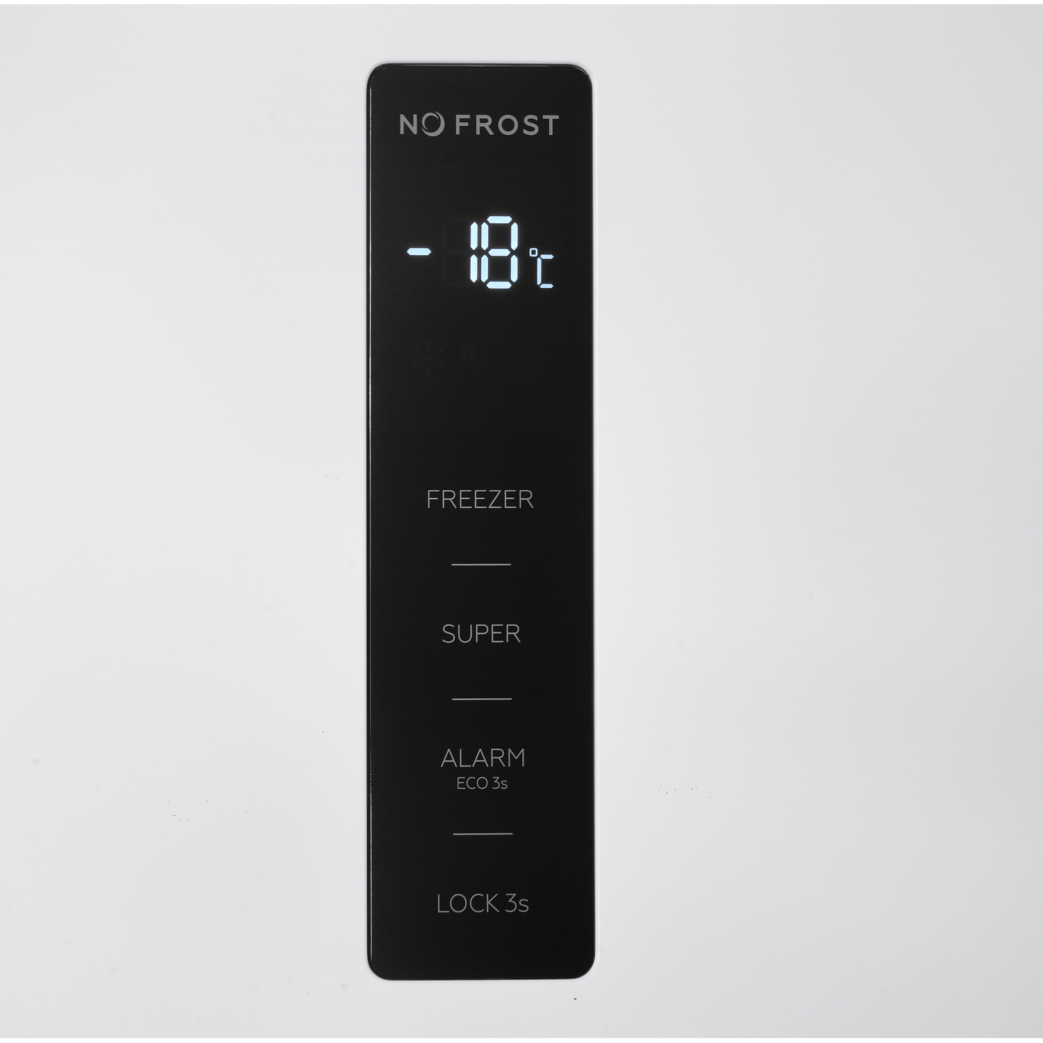 A close-up of a refrigerator display showing the temperature, with text on the panel.