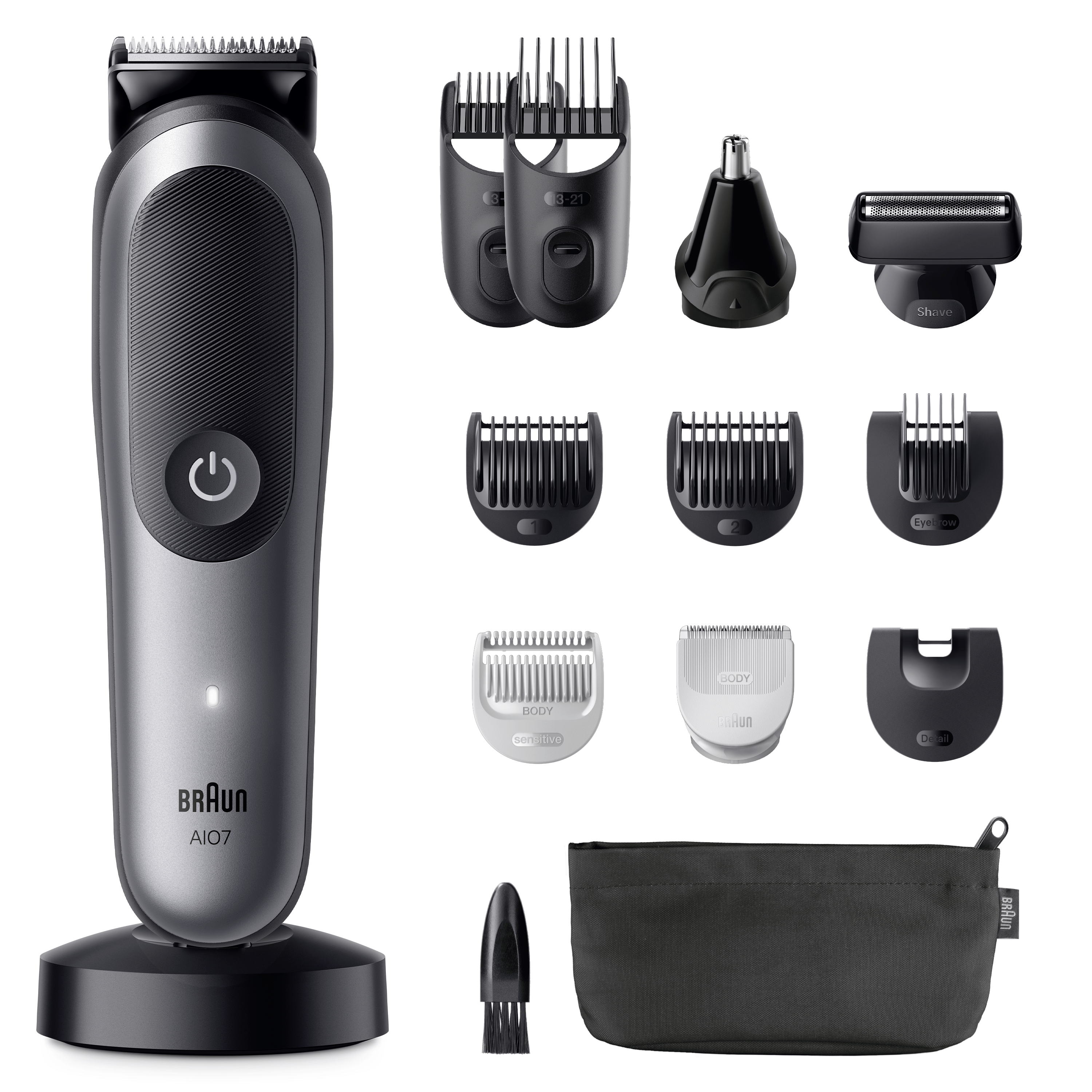 Recortadora de barba eléctrica Braun con múltiples accesorios, base y bolsa negra.