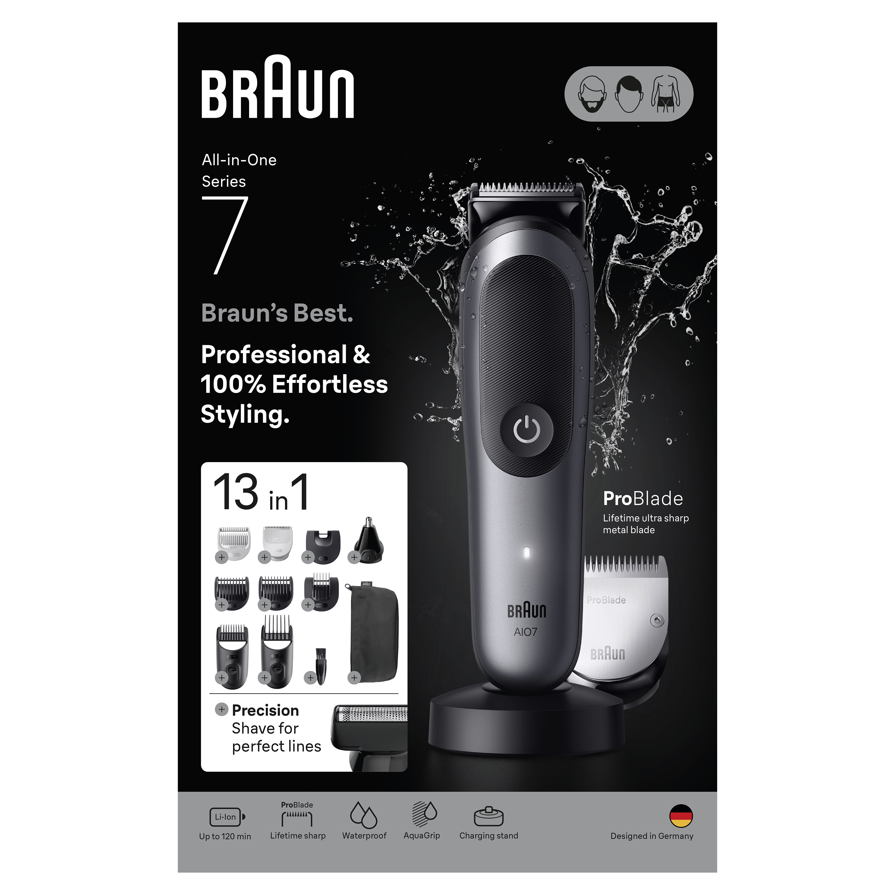 Afeitadora eléctrica Braun Series 7 negra y gris con accesorios.