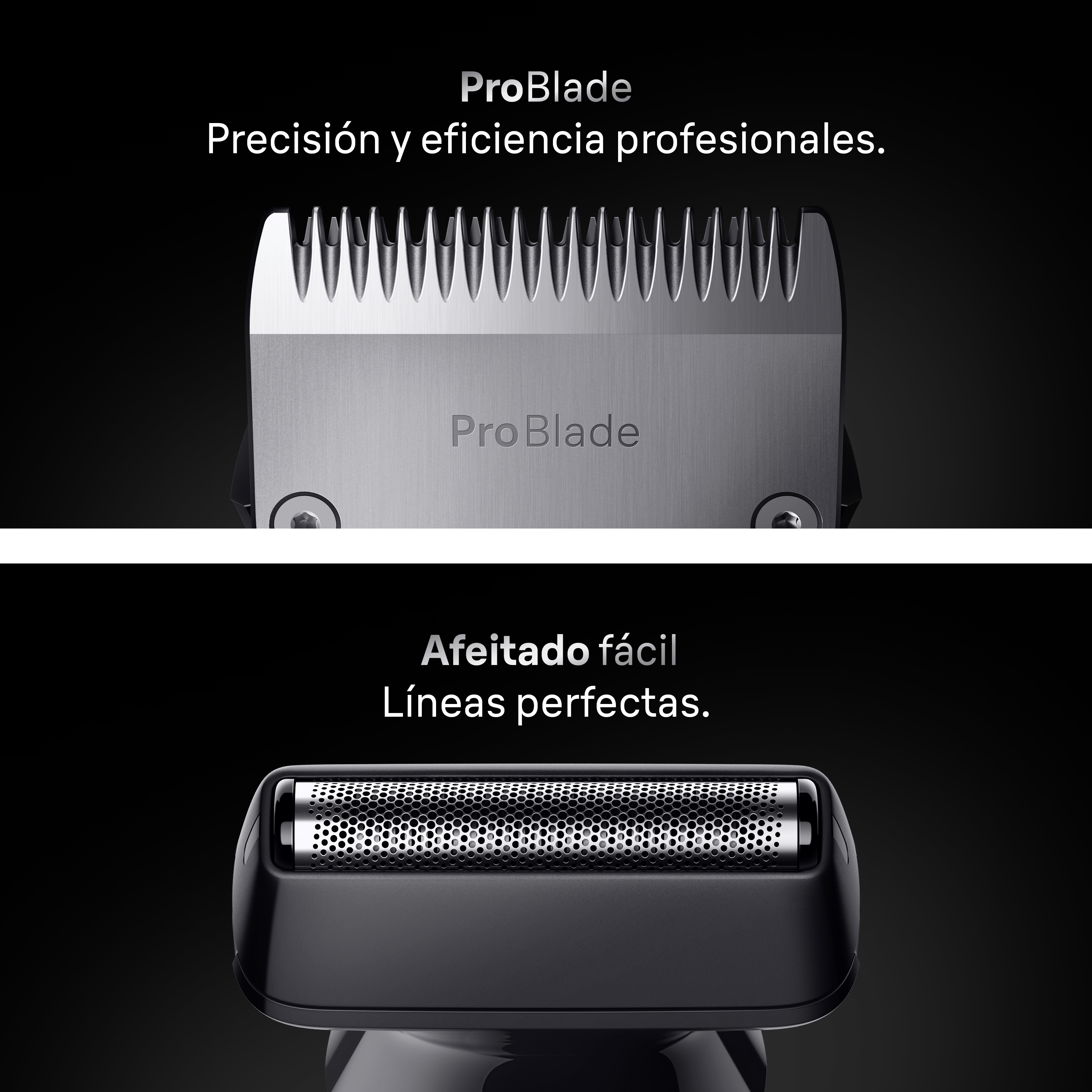Primer plano de una cuchilla de afeitar y un cabezal recortador. El texto indica 'ProBlade' y 'Líneas perfectas'.