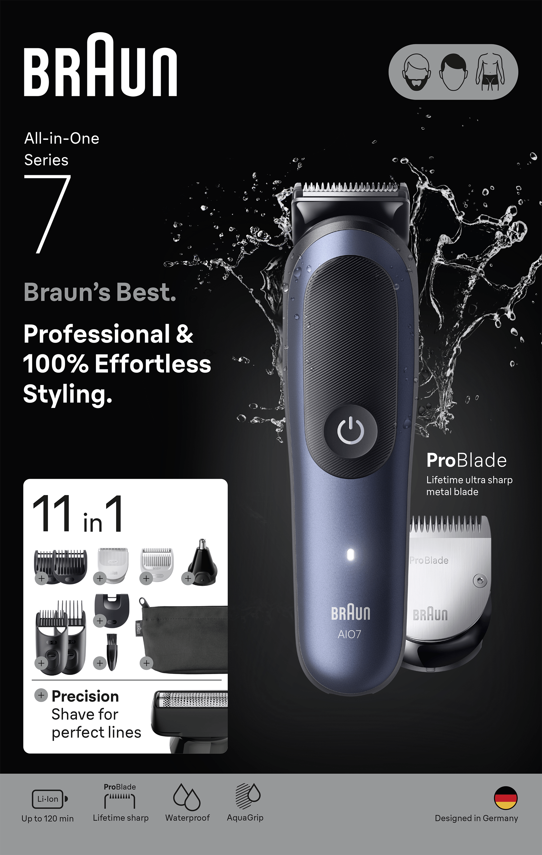 Recortadora Braun All-in-One Series 7 con accesorios, diseñada en Alemania.