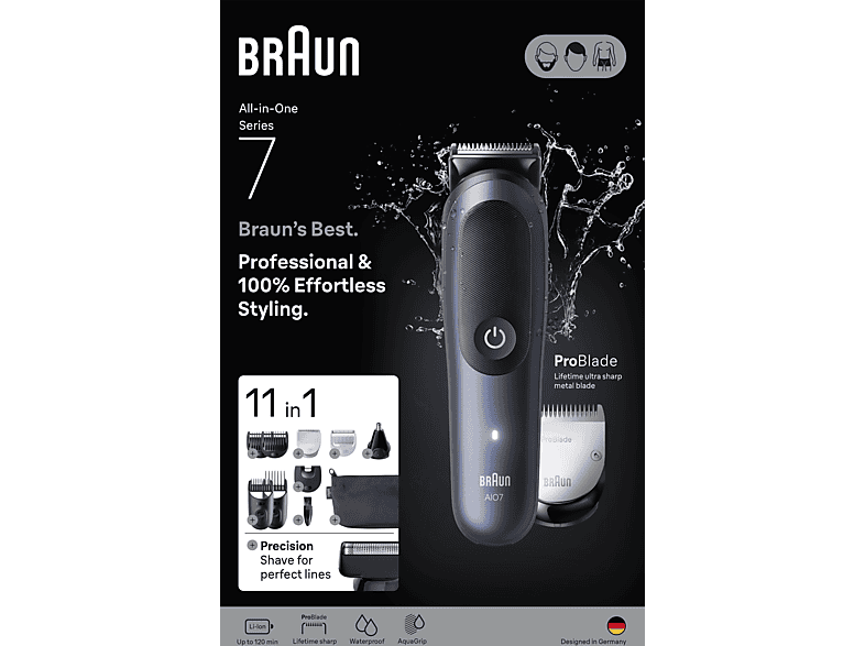 Afeitadora multifunción - Braun Recortadora todo en 1 Series 7 AIO7540, Kit De Styling 11 1, Lámina ProBlade, AutoSense, Wet& Dry, Azul