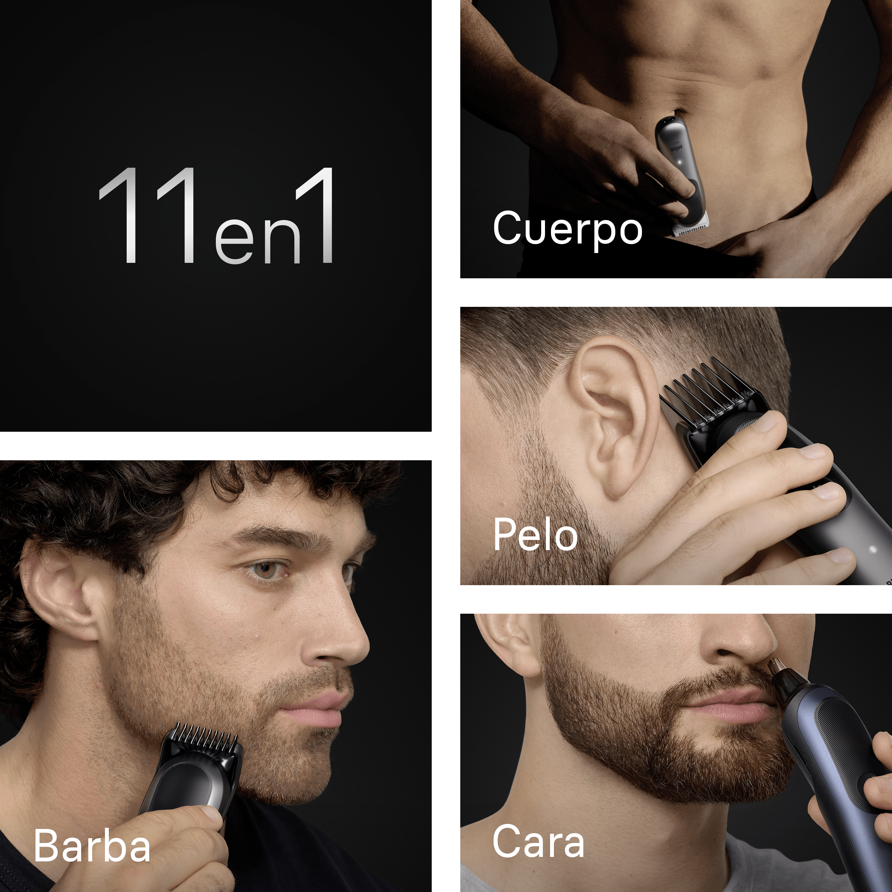 Collage de hombres usando un kit de aseo para cuerpo, cabello, barba y rostro.