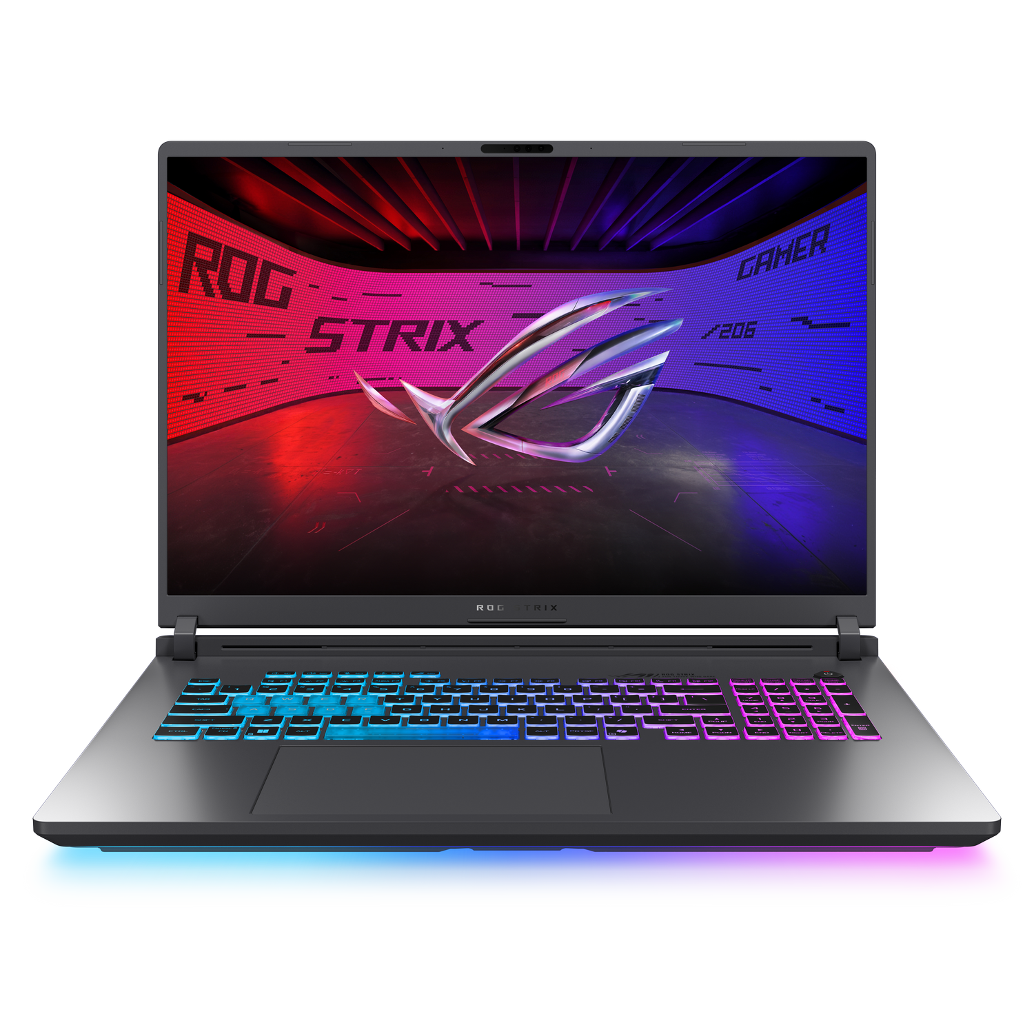 Laptop para juegos con teclado iluminado. La pantalla muestra los logotipos ROG Strix y Gamer. Efectos de luz coloridos.