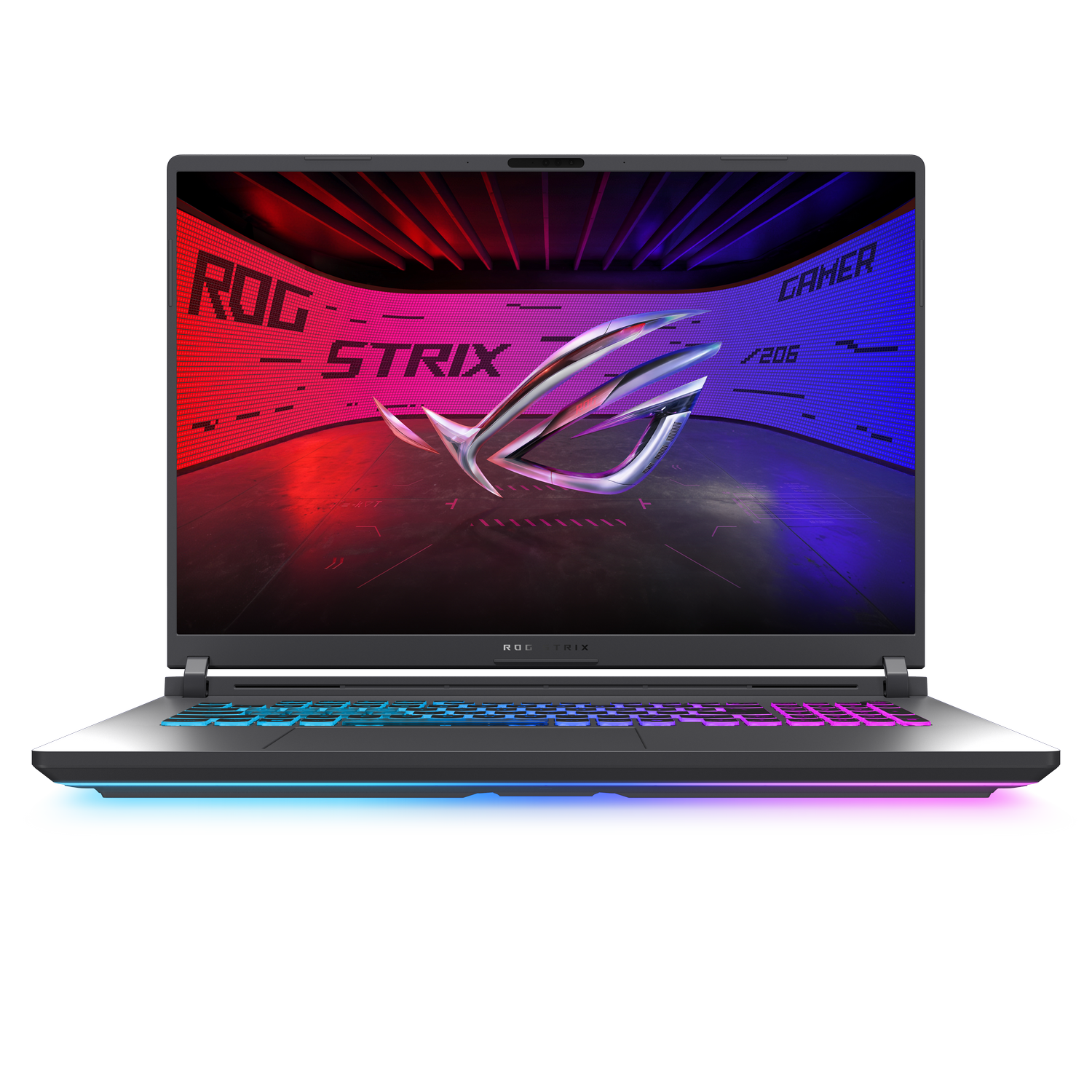 Un portátil con teclado iluminado y el logotipo ROG Strix en la pantalla.