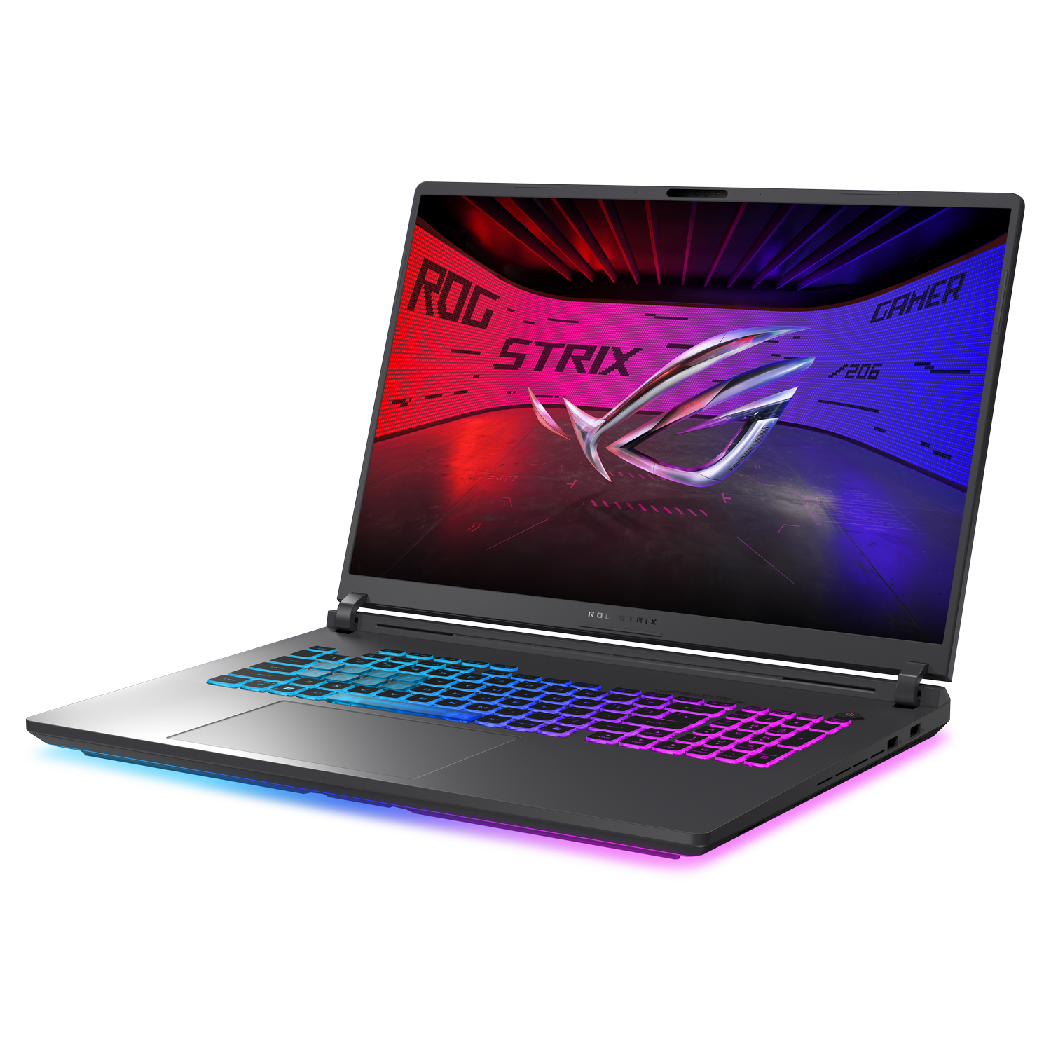 Un portátil negro con teclado colorido, la pantalla muestra ROG STRIX. Fondo oscuro.
