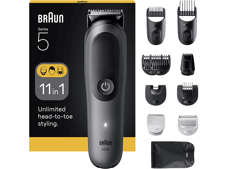 Afeitadora multifunción - Braun Todo En Uno Series 5 AIO5560, Kit De Styling 11 en 1, Lámina Afilada, 14 Longitudes, Barba, Pelo y Cuerpo, Gris