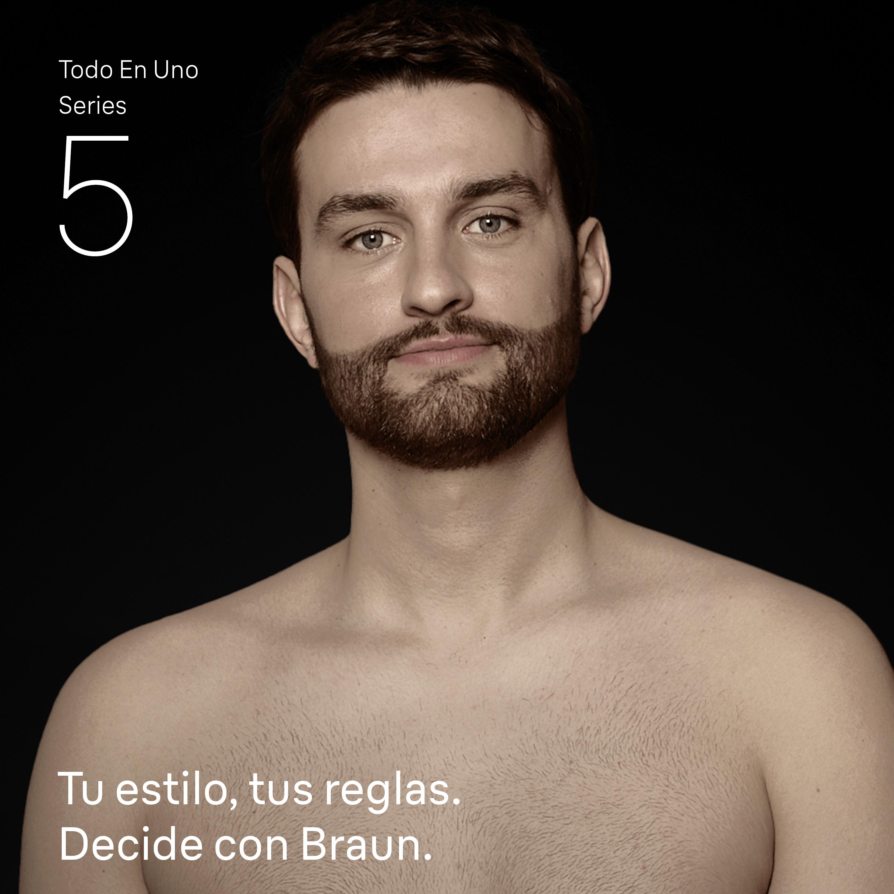 Un hombre con barba mira a la cámara. Texto: 'Serie 5' y 'Tu estilo, tus reglas'.