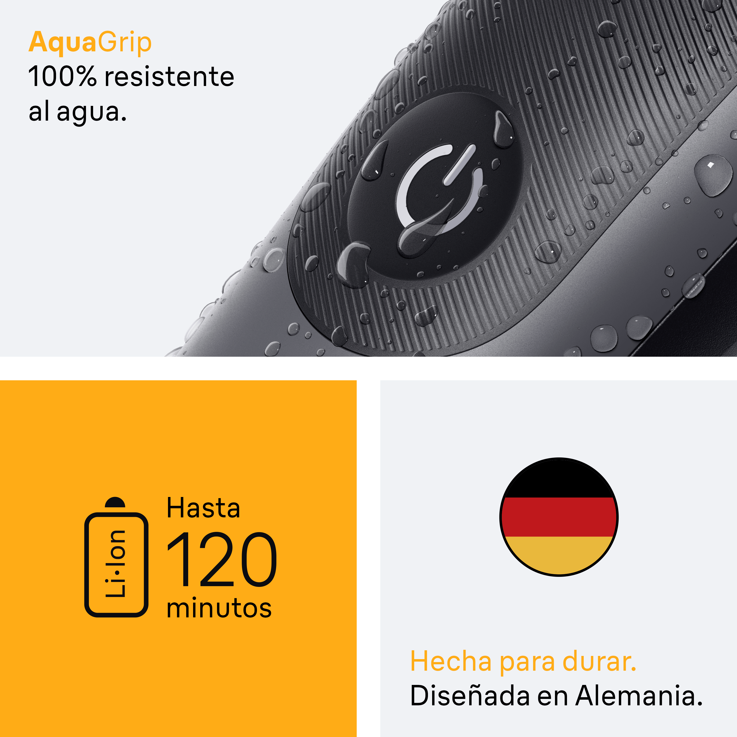 Primer plano de una recortadora negra y plateada con gotas de agua. El texto dice '100% resistente al agua'.
