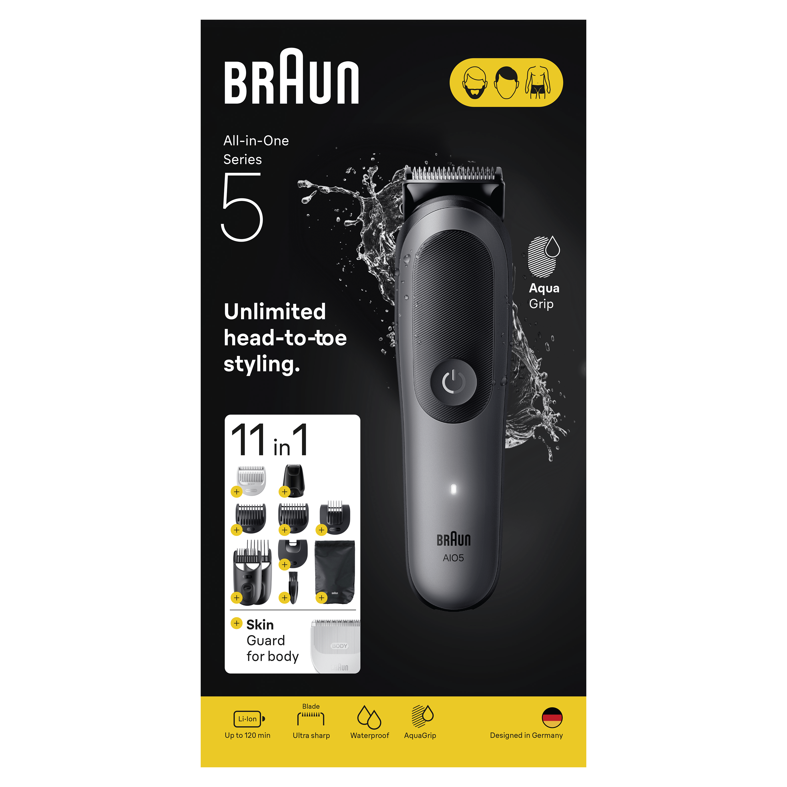 Juego de recortadora Braun All-in-One Series 5 negro y plateado.