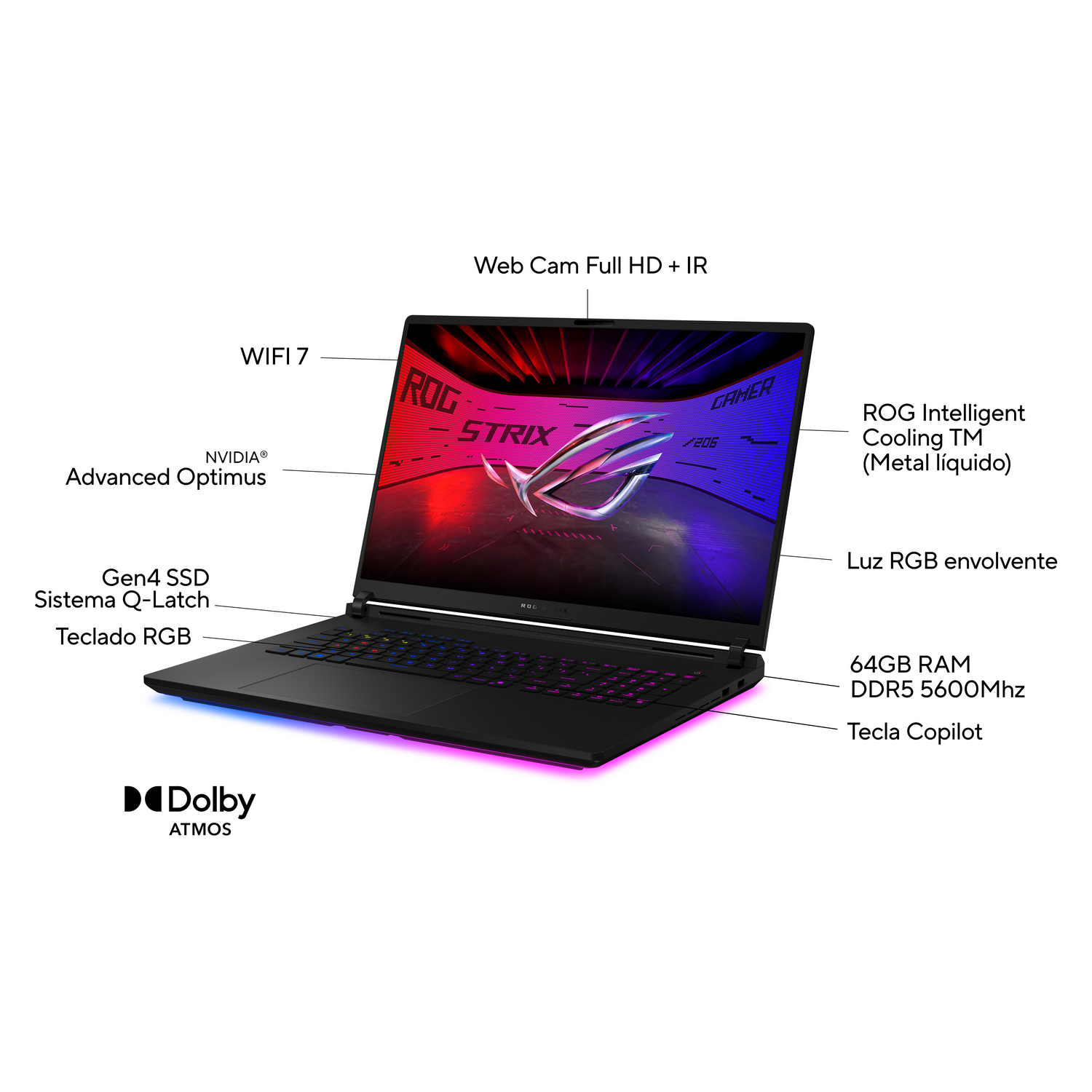 Un portátil negro con interfaz de juego y varias especificaciones de hardware.