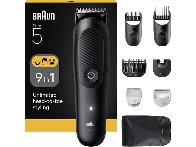 Afeitadora multifunción - Braun Todo En Uno Series 5 AIO5540, Kit De Styling 9 en 1, Lámina Afilada, 14 Longitudes, Barba, Pelo y Cuerpo, Negro