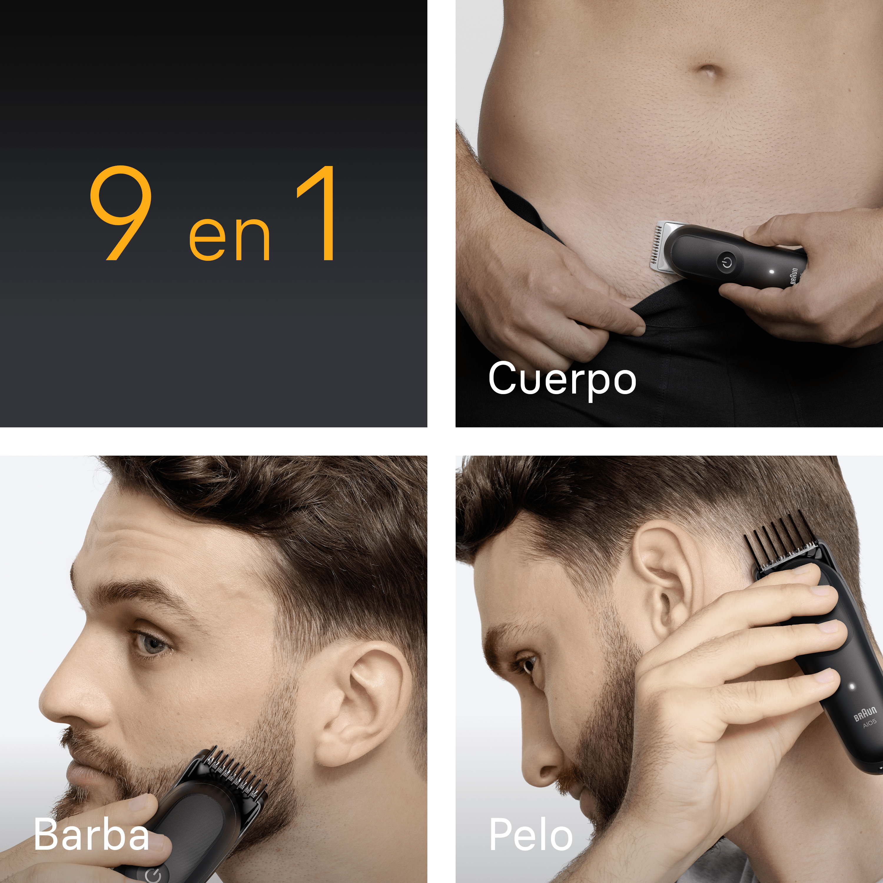 Collage que muestra un kit de aseo 9 en 1 utilizado para cuerpo, barba y corte de pelo.