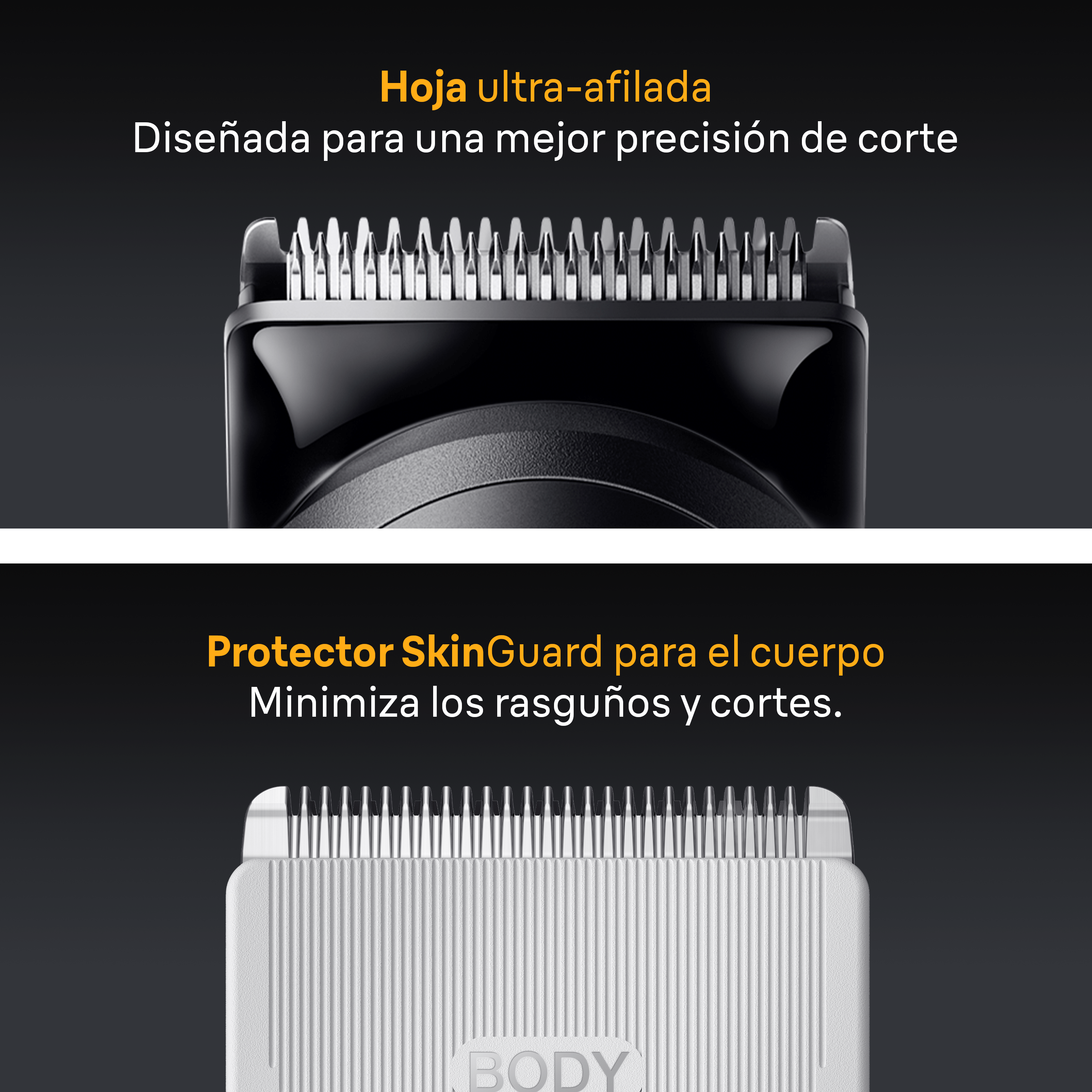 Primer plano del cabezal y recortador de una afeitadora. Texto: cuchilla ultra afilada y protector SkinGuard.