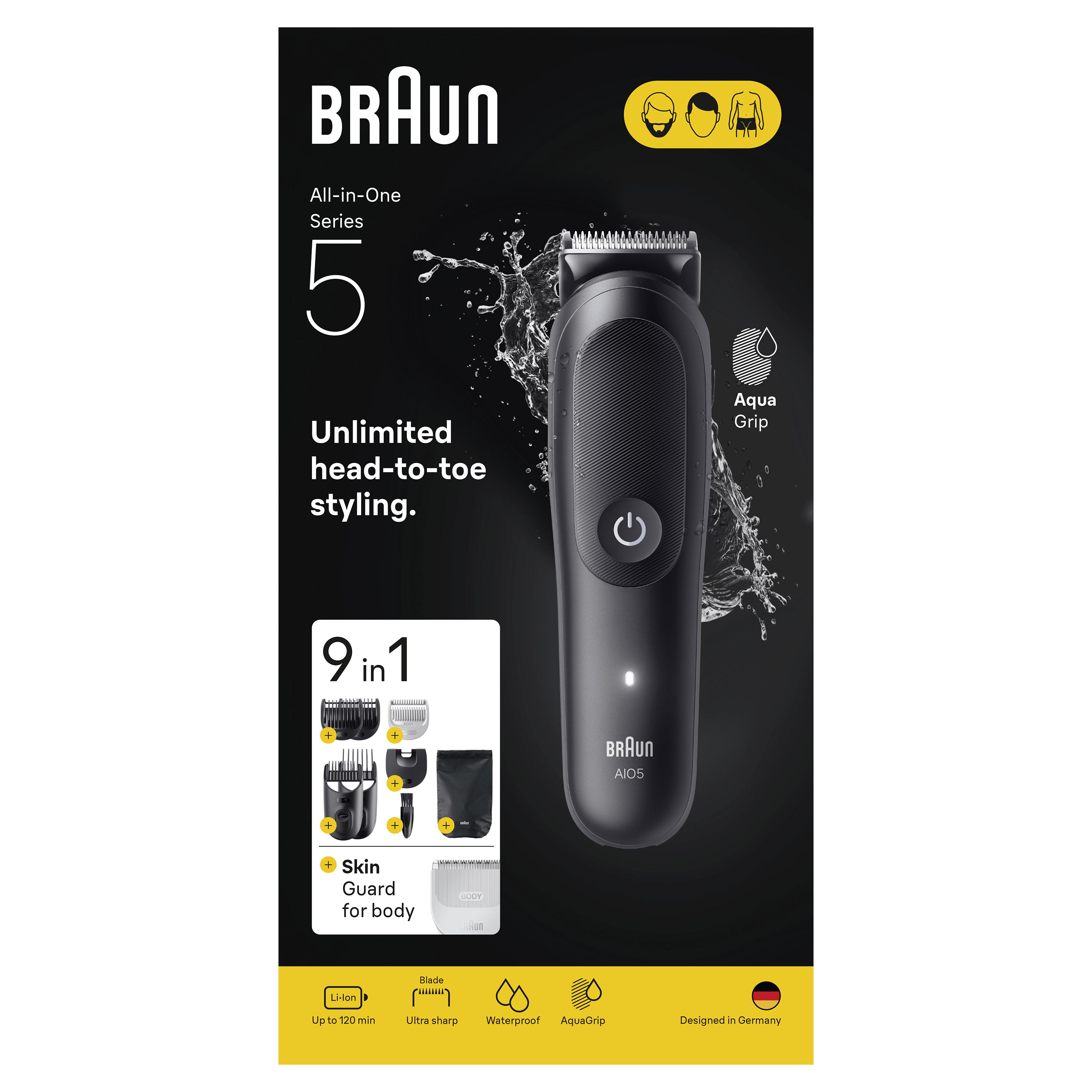Recortadora Braun todo en uno negra con múltiples accesorios, información del producto sobre fondo negro.