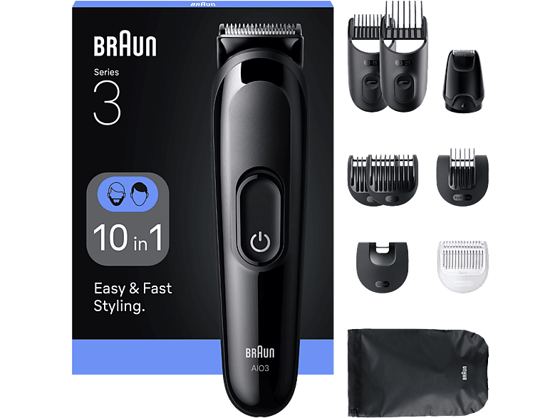 Afeitadora multifunción - Braun Todo En Uno Series 3 AIO3560, Kit De Styling 10 en 1, Lámina Afilada, 14 Longitudes, Negro