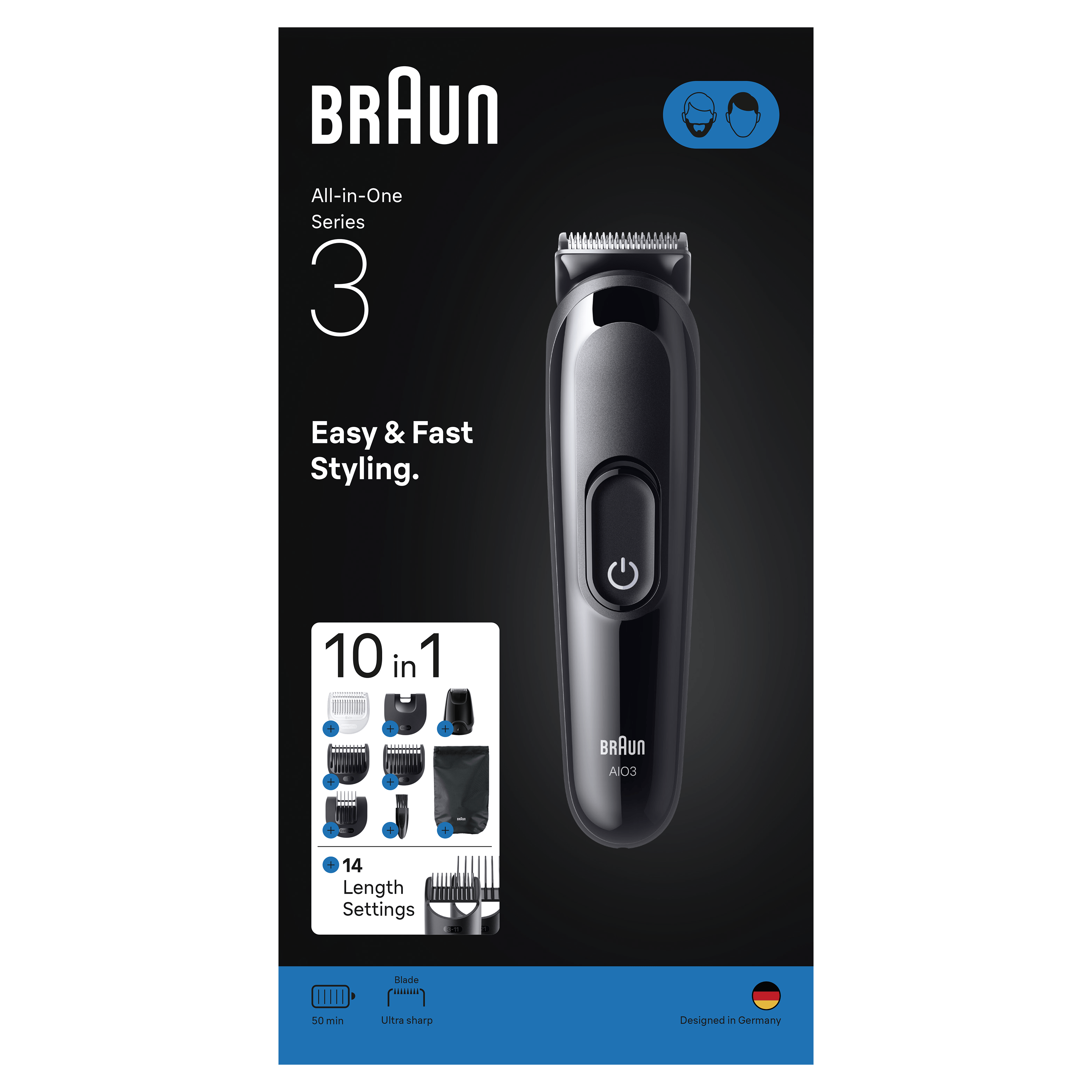 Recortadora negra Braun Series 3. La caja muestra la recortadora y accesorios para peinar.
