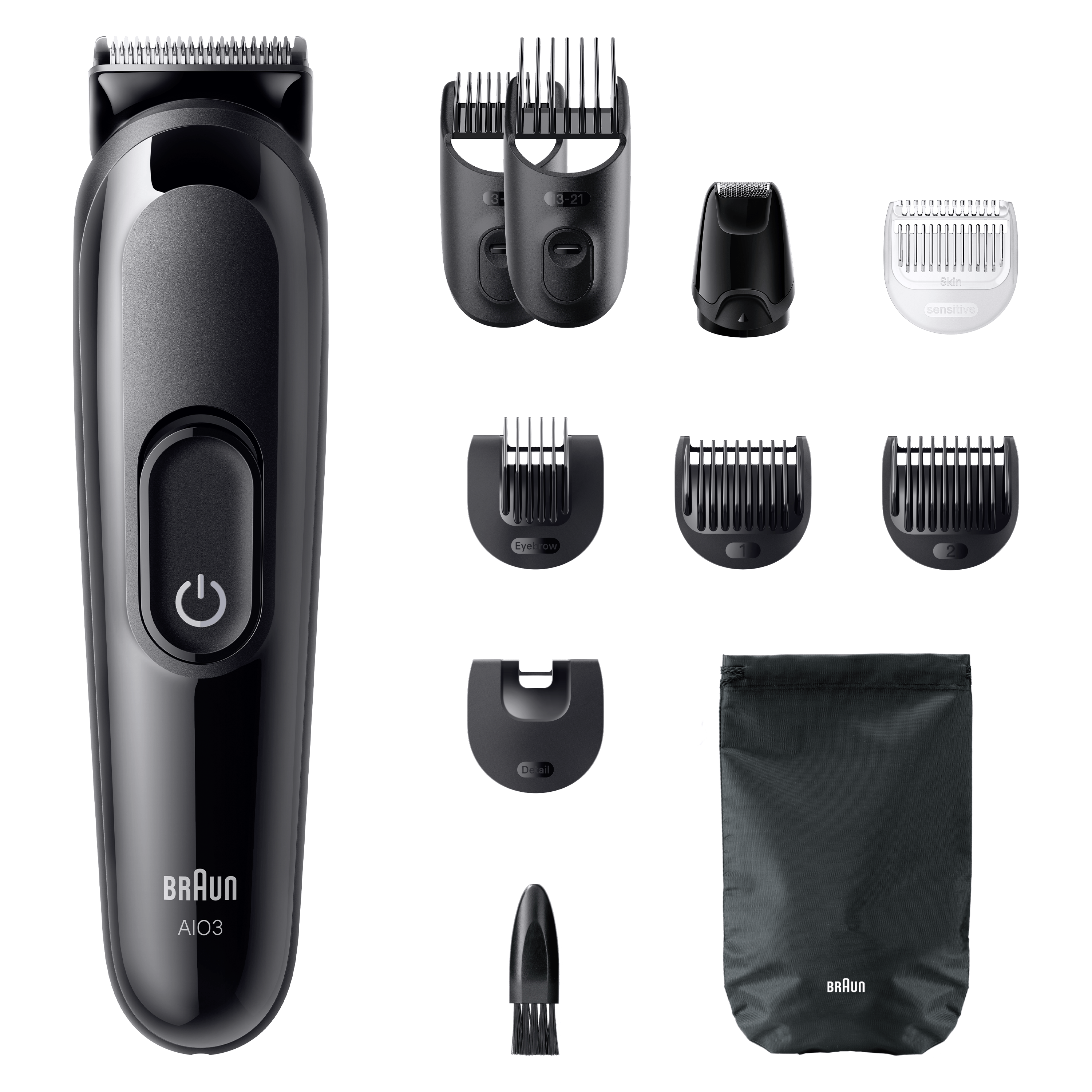 Recortadora de barba Braun All-in-One Series 3 con varios accesorios y una bolsa negra.