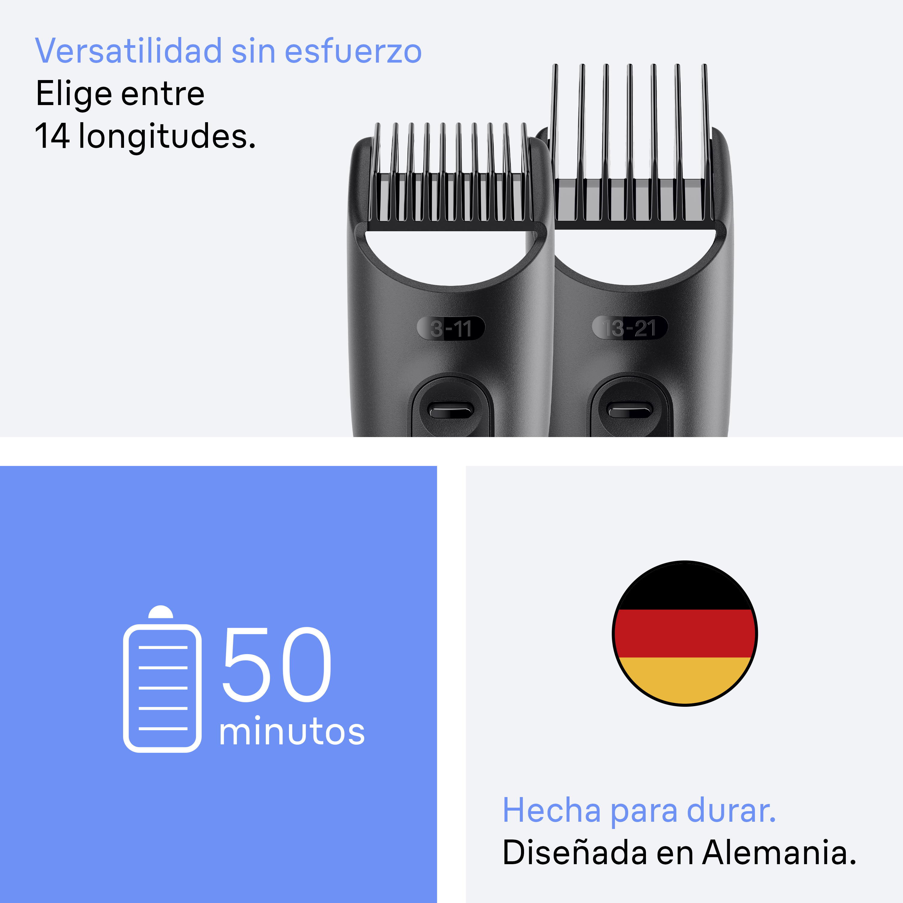Dos accesorios negros para cortapelos con números. Un icono de batería y bandera alemana debajo.