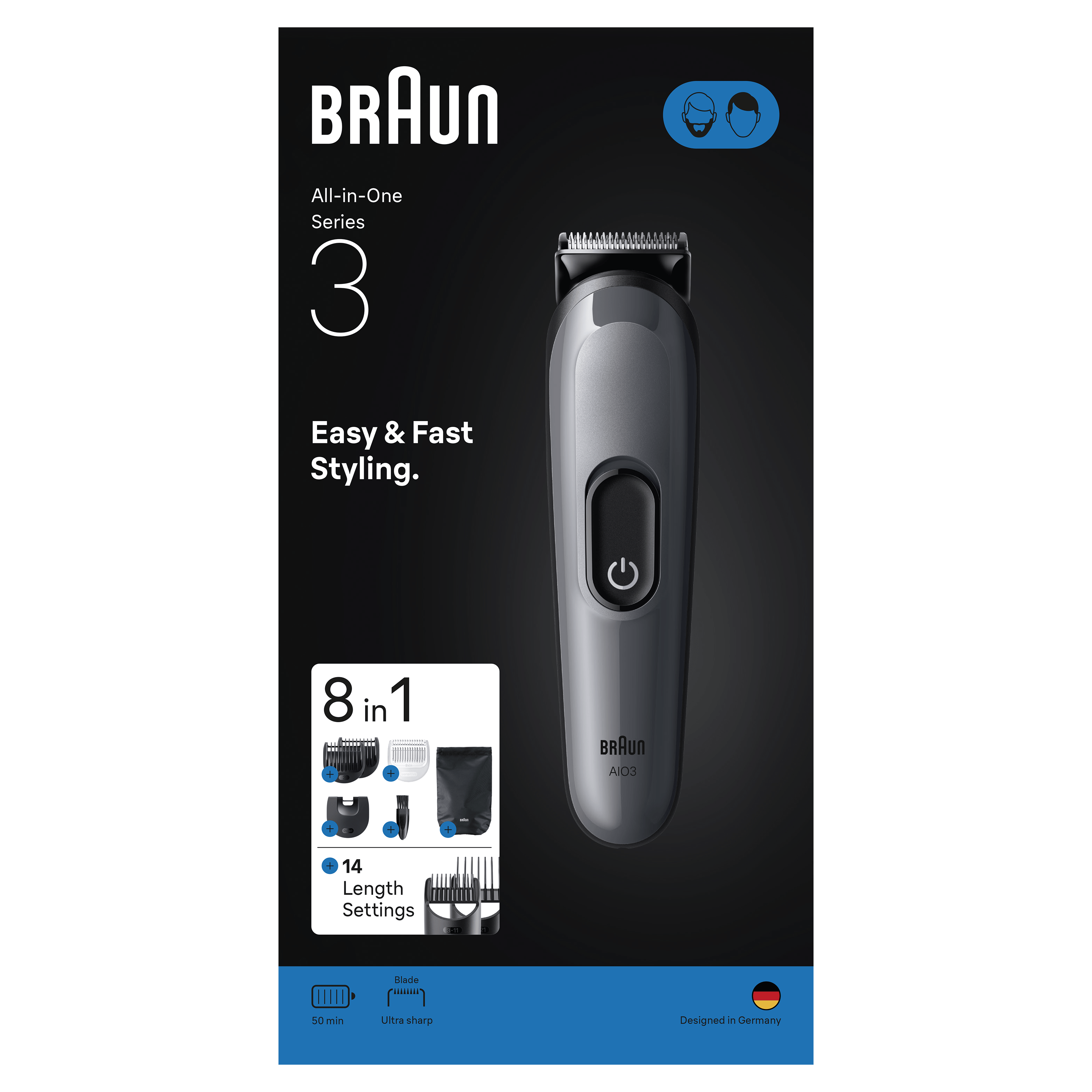 Embalaje Braun All-in-One Series 3, que muestra la recortadora y sus características.