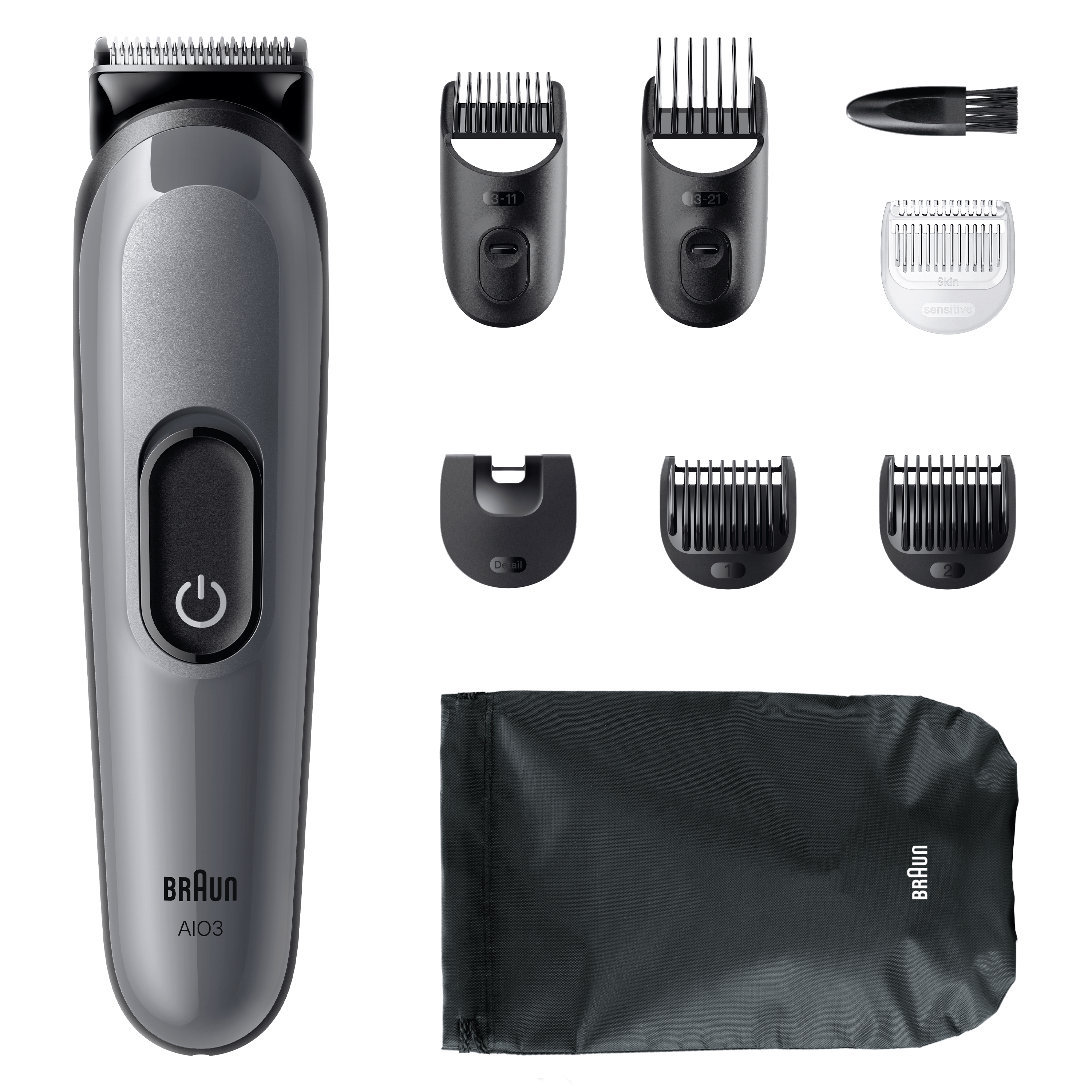 Un recortador de barba Braun AI3 con accesorios y una bolsa negra.