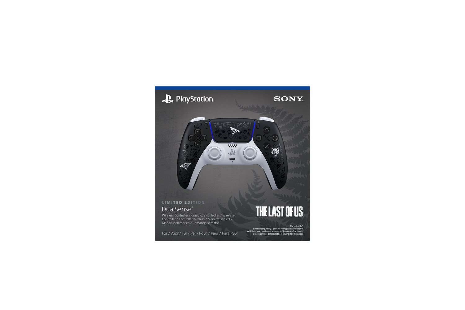 Un mando DualSense de PlayStation. Es blanco y negro, con la marca The Last of Us. El fondo es gris con hojas de helecho.
