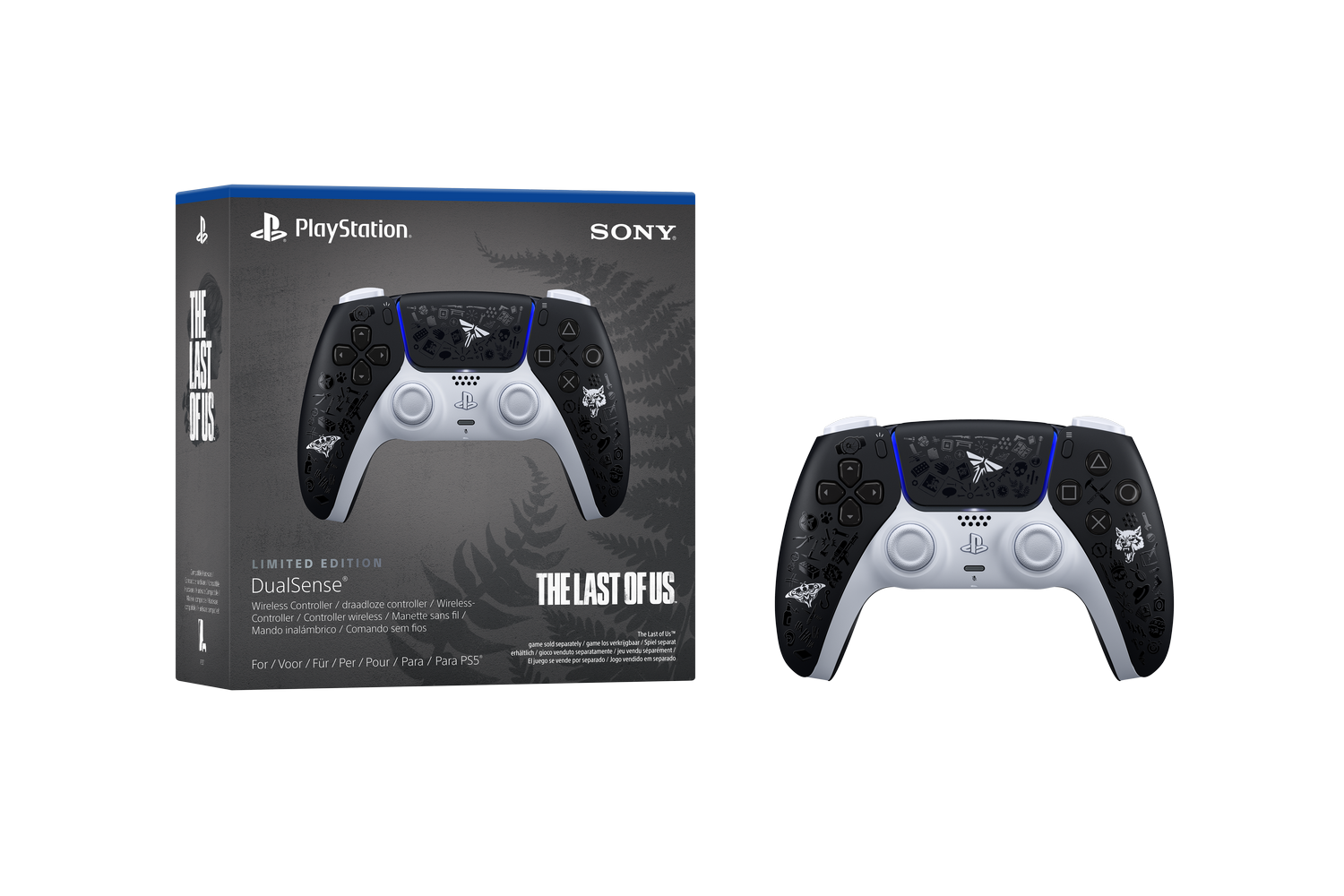 Mando DualSense de edición limitada The Last of Us. Diseño en blanco y negro, con iconos del juego. En caja con el logo de PlayStation.