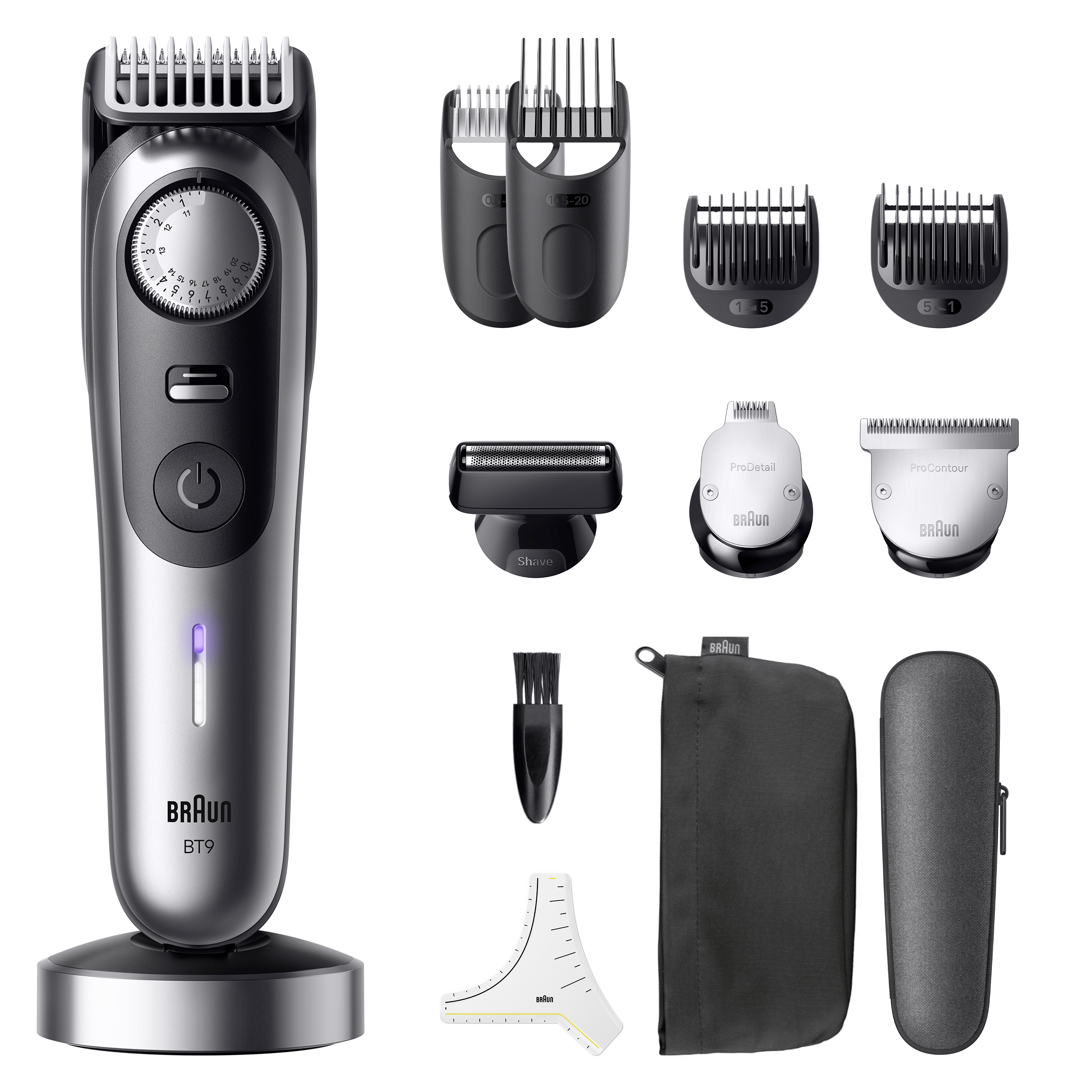 Recortadora de barba Braun BT9 y varios accesorios de recorte.