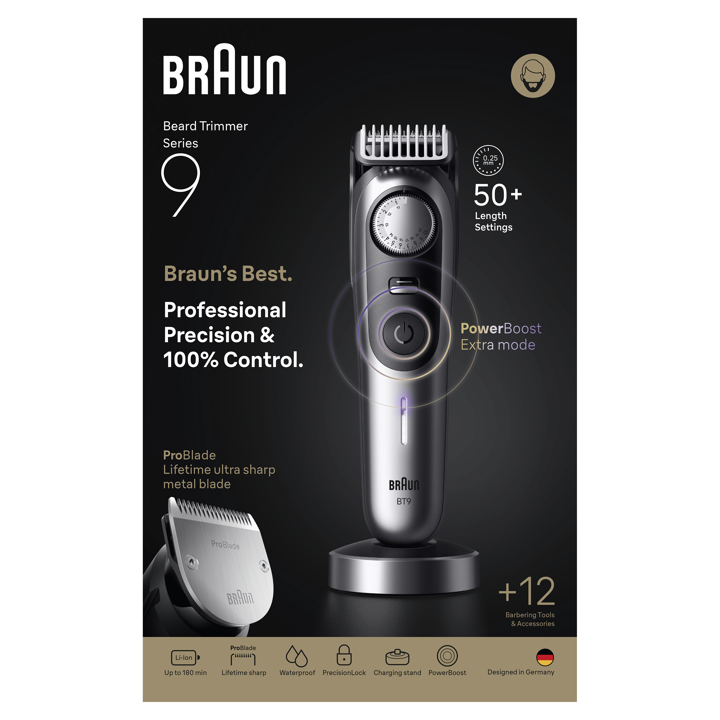 Recortadora de barba Braun Series 9 sobre soporte con accesorios y texto sobre fondo negro.