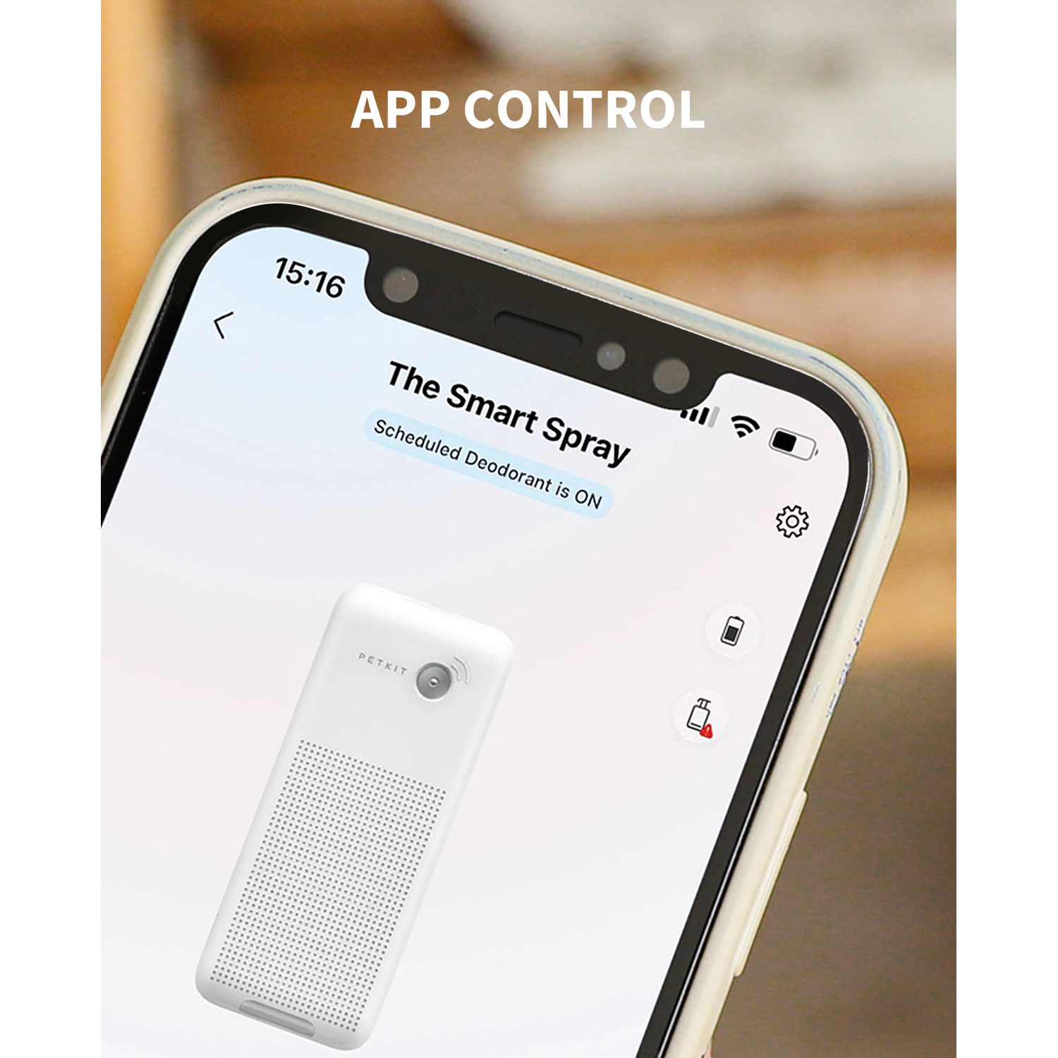 Smartphone with the app control for a pet deodorant.
