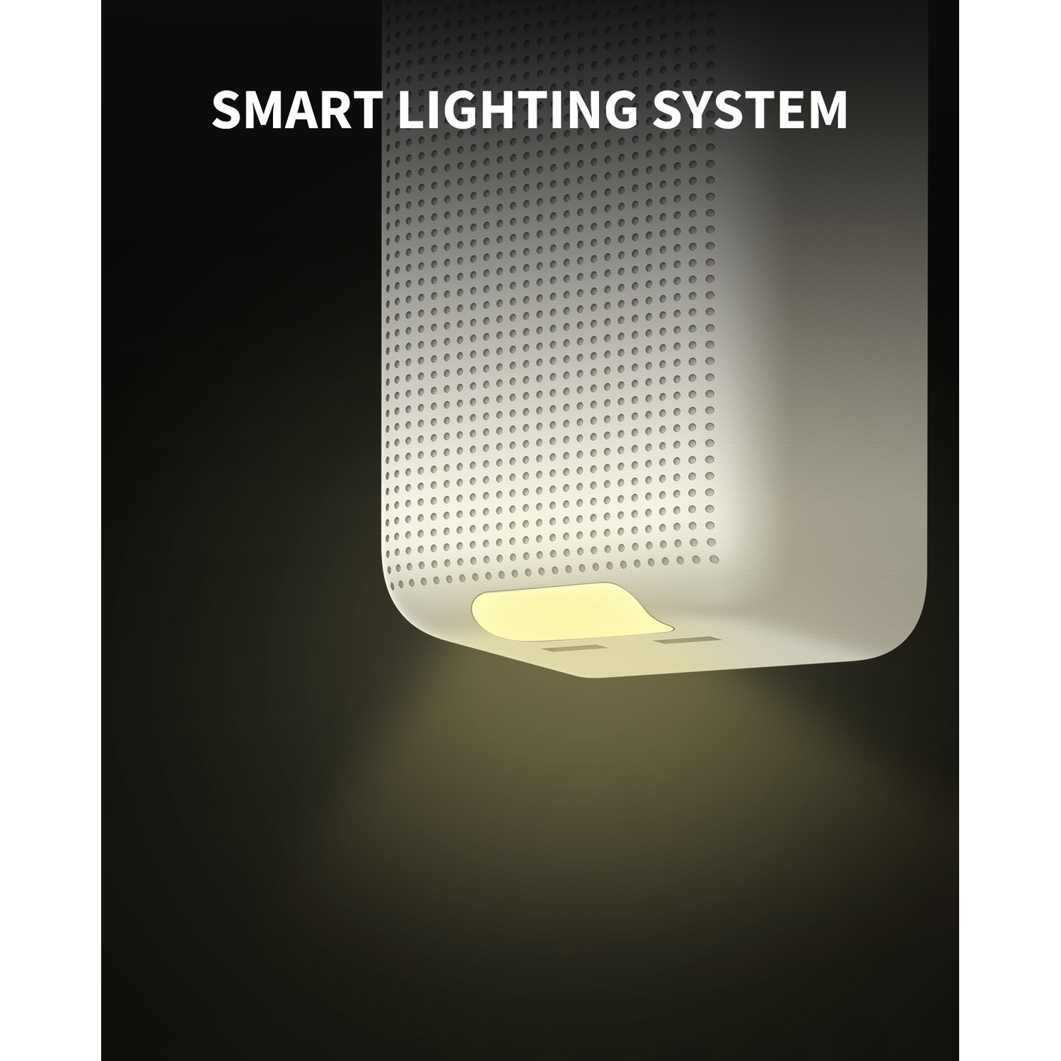 A white rectangular smart lighting system with a light beam shining down.