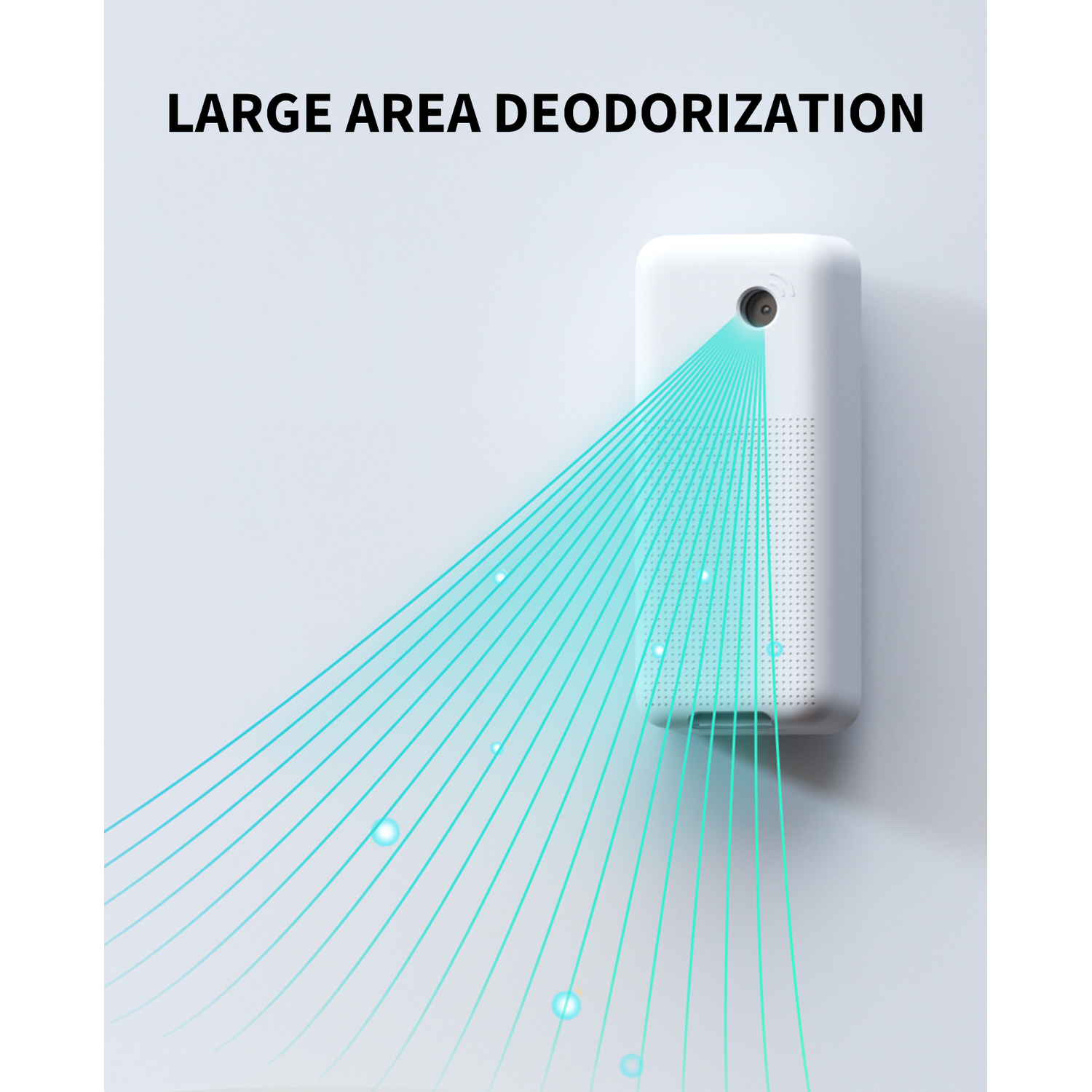 Deodorizer emitting a spray with blue lines, indicating the area of coverage.