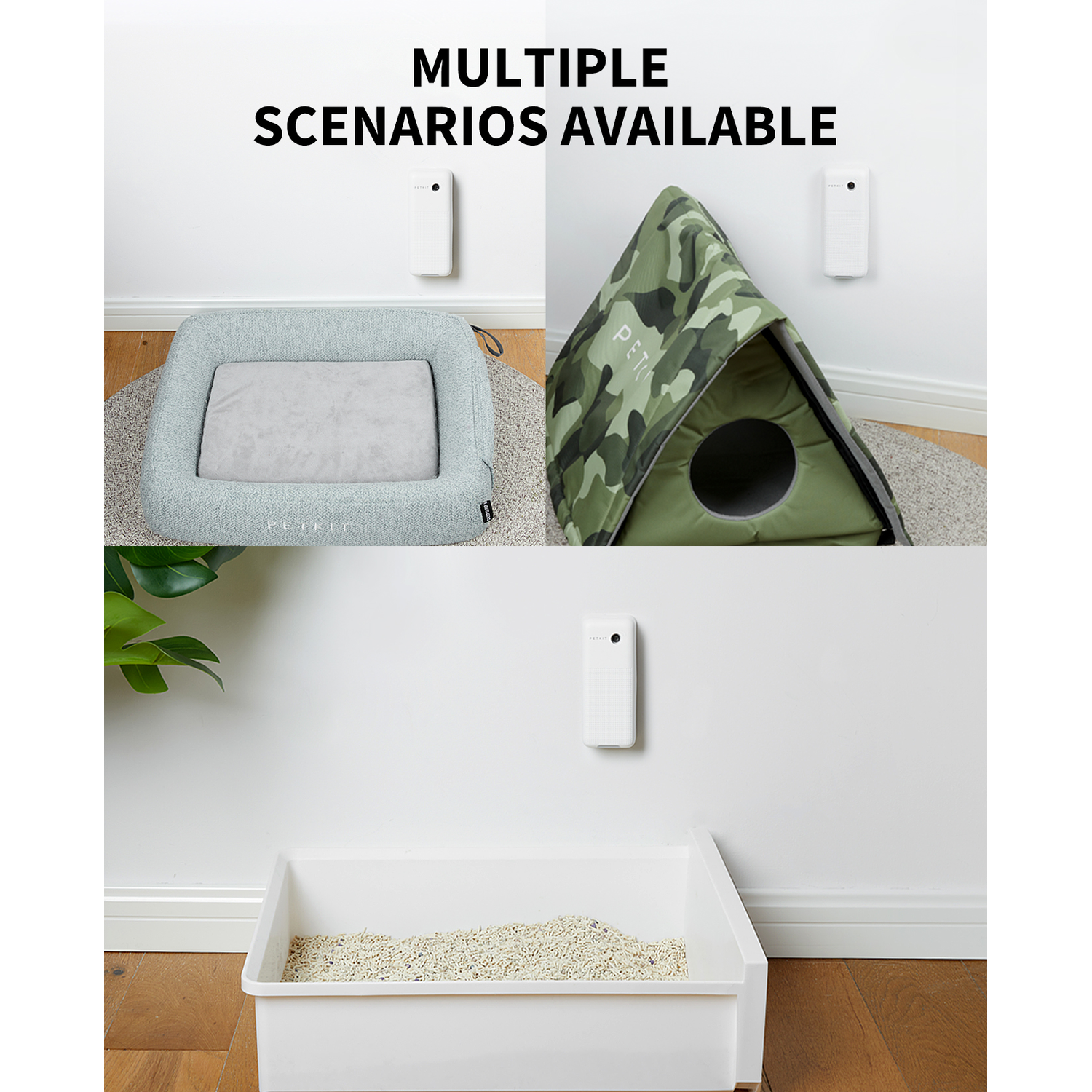 Three pet beds and a litter box. The beds have different designs, and are near a white wall.