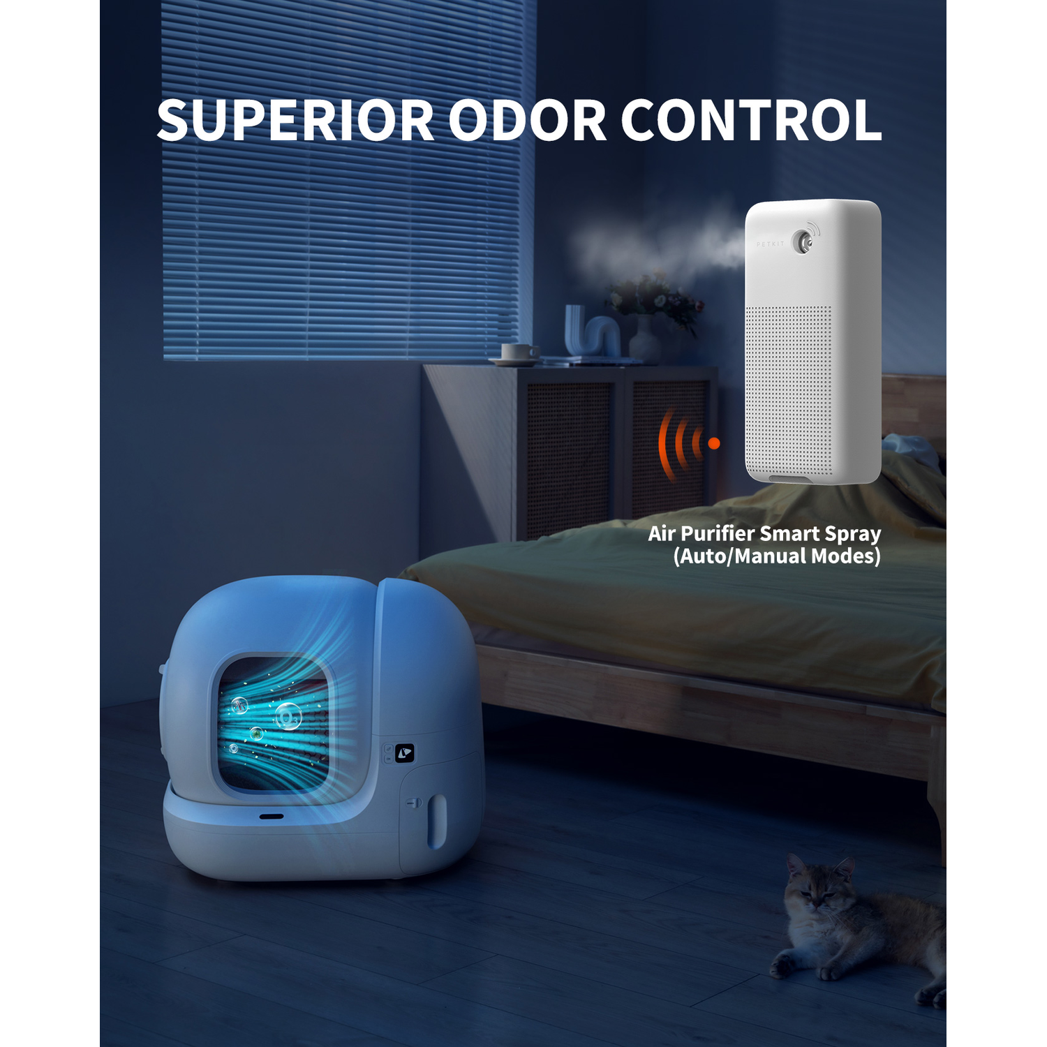 A cat litter box and air purifier with text 'SUPERIOR ODOR CONTROL'. A cat lies on the floor.