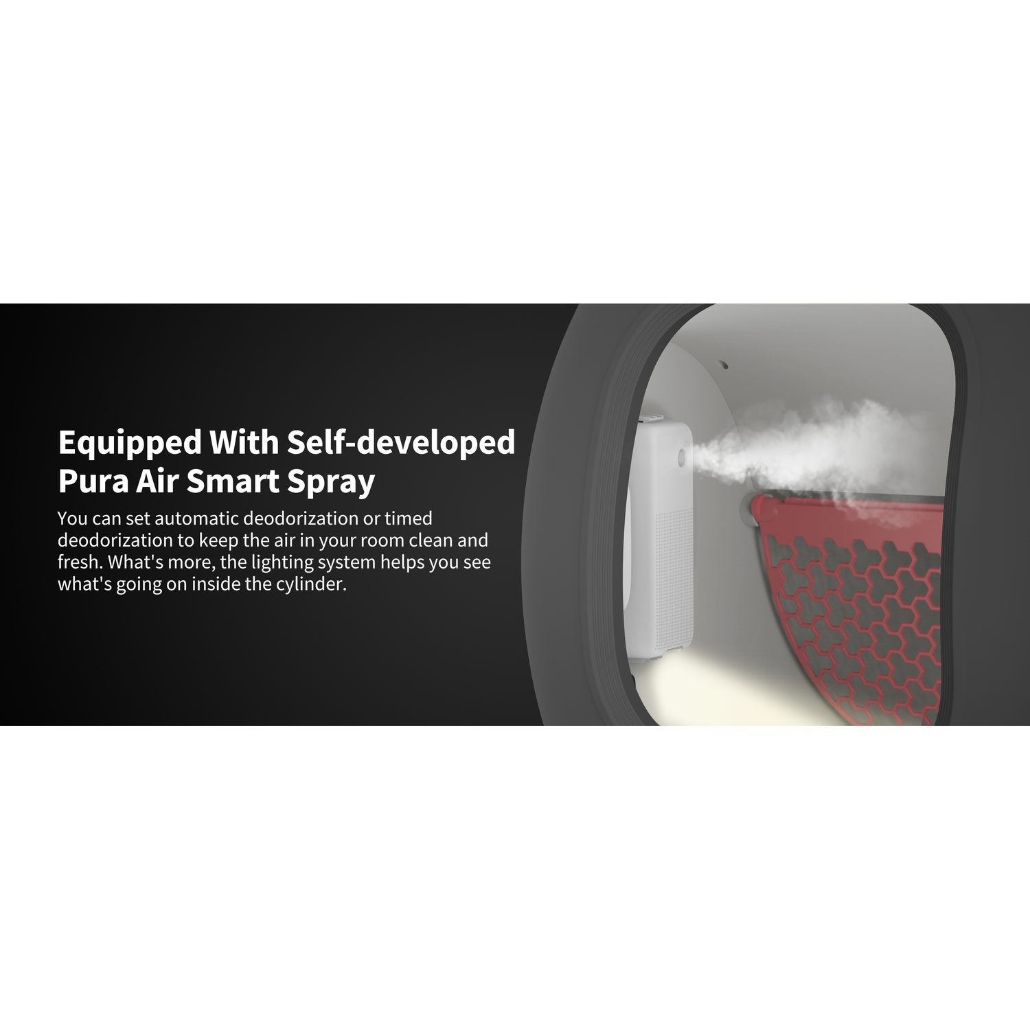 Deodorizer inside a container, emitting spray. Text explains self-developed spray function.