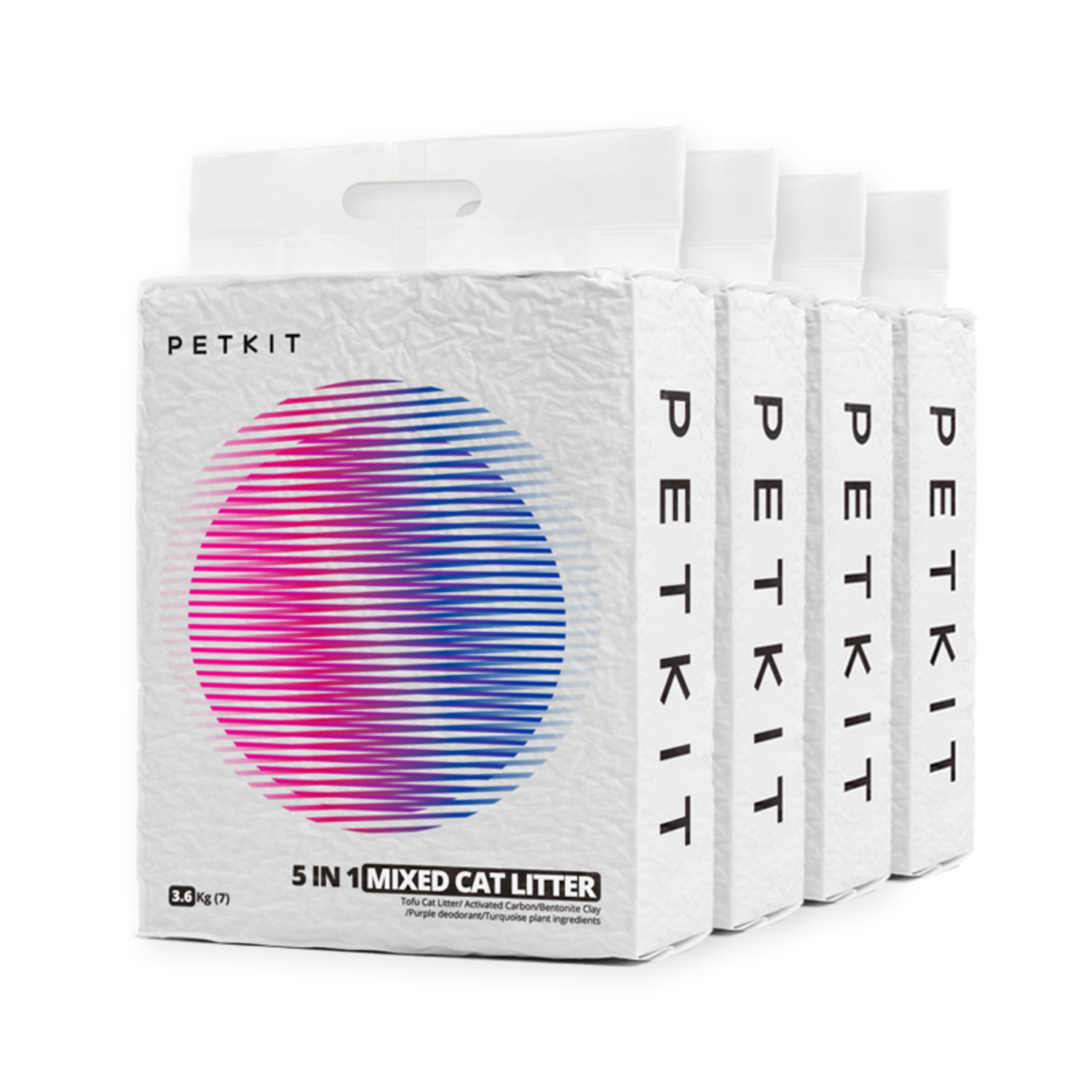 Five PETKIT cat litter bags on a white background with pink and purple circle design.