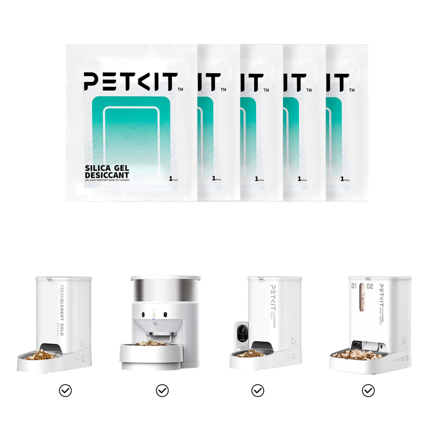 Multiple pet food dispensers and silica gel desiccant packets.