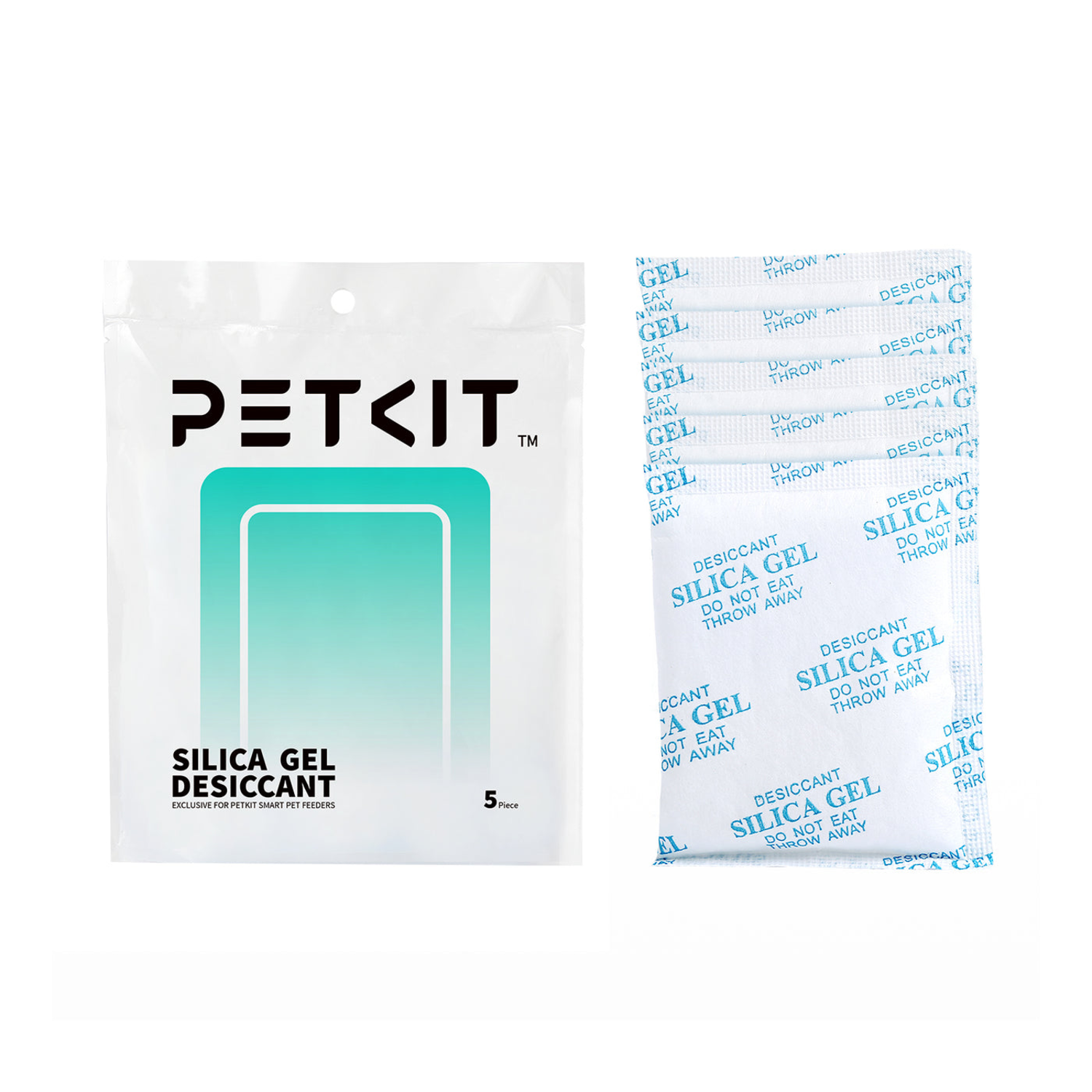 PETKIT silica gel desiccant pack. White packaging with blue rectangle and text.