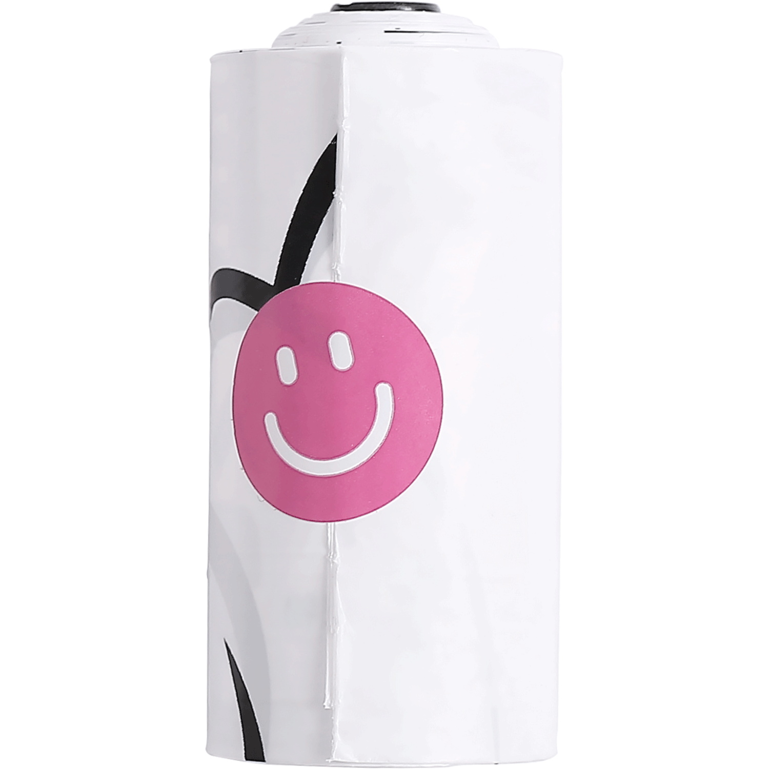 Un récipient cylindrique blanc avec un visage souriant rose dessus.
